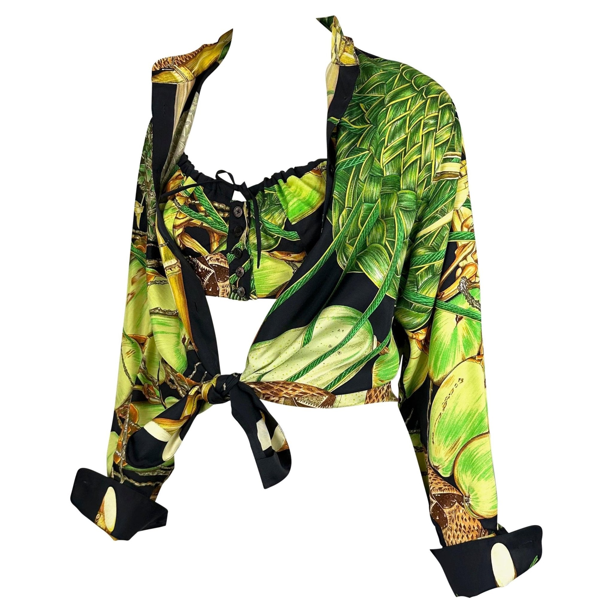 S/S 1994 Hermès Runway Jardin Créole Print Black Green Silk Bralette Top Set - RealList