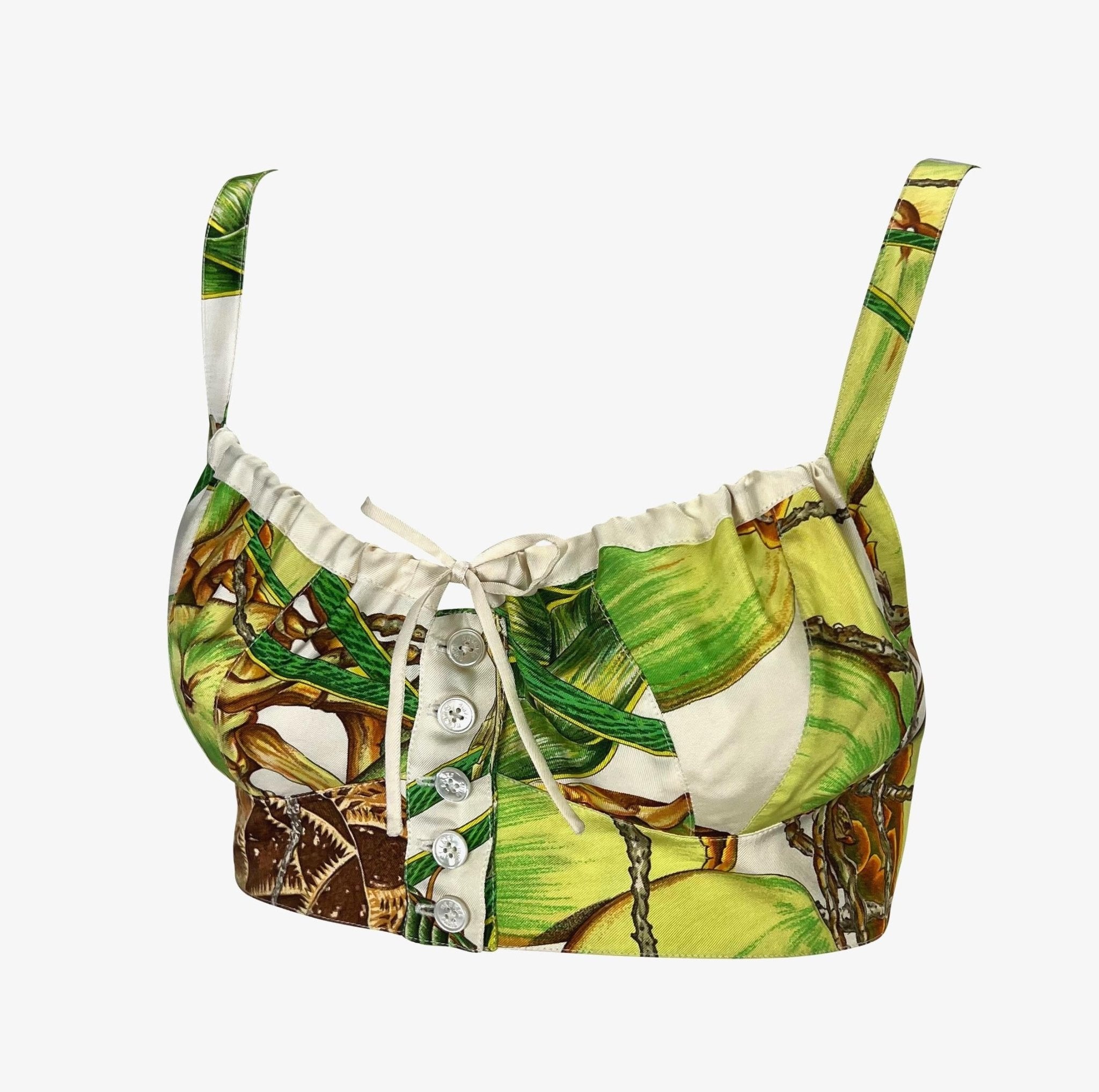 S/S 1994 Hermès Runway Jardin Créole Print White Green Silk Bralette Crop Top - RealList