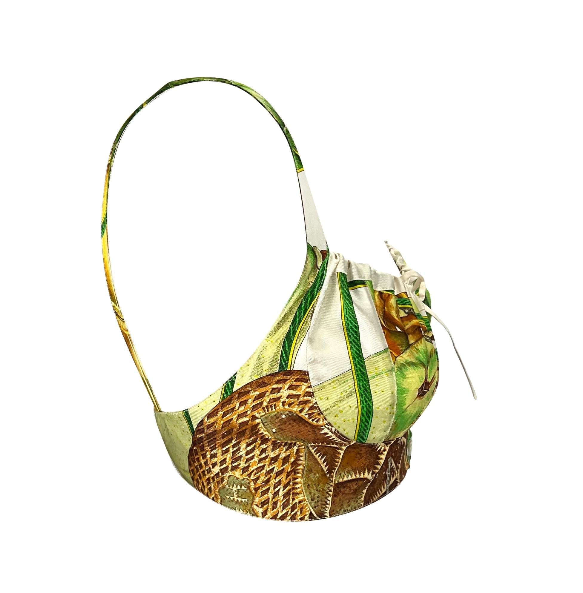 S/S 1994 Hermès Runway Jardin Créole Print White Green Silk Bralette Crop Top - RealList