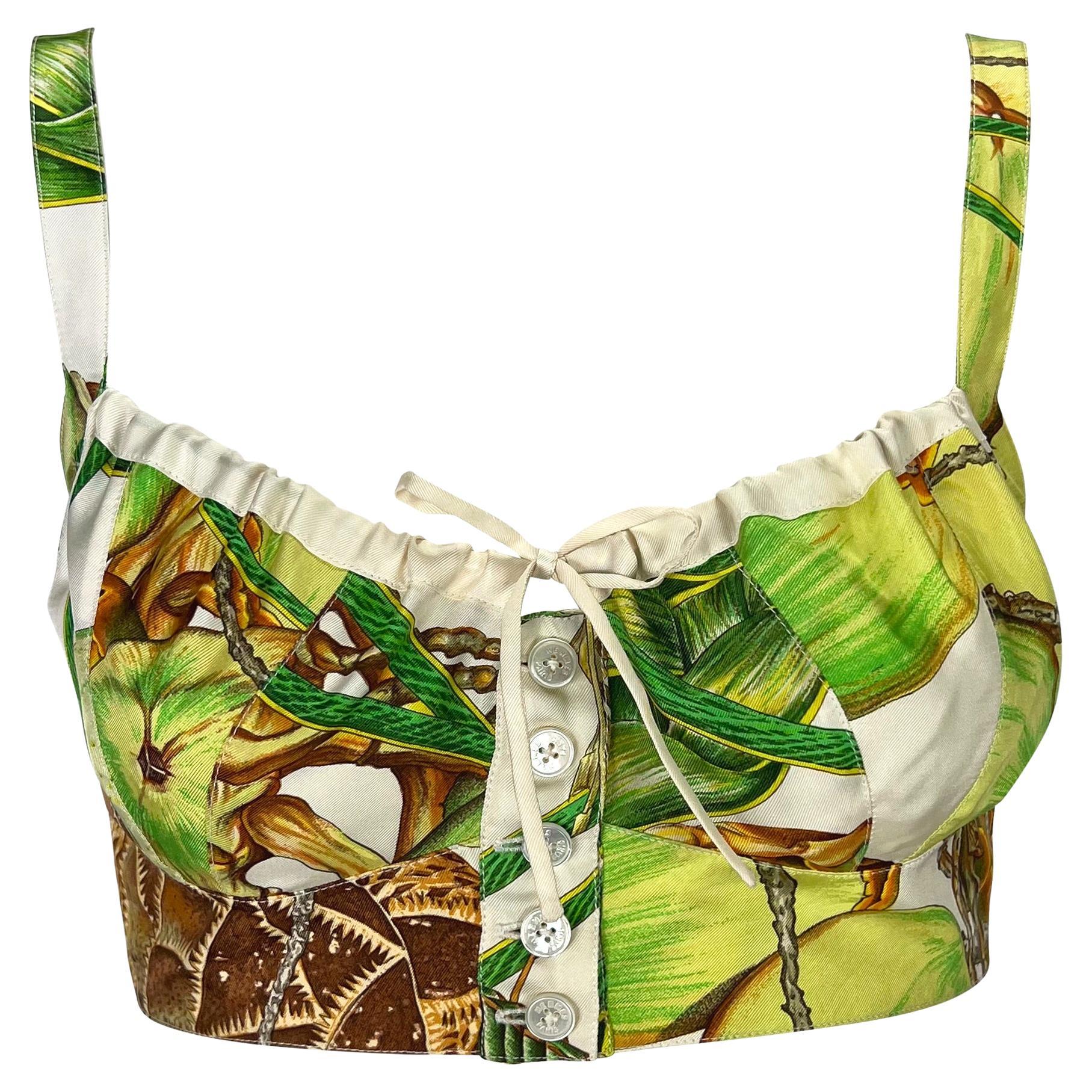 S/S 1994 Hermès Runway Jardin Créole Print White Green Silk Bralette Crop Top - RealList