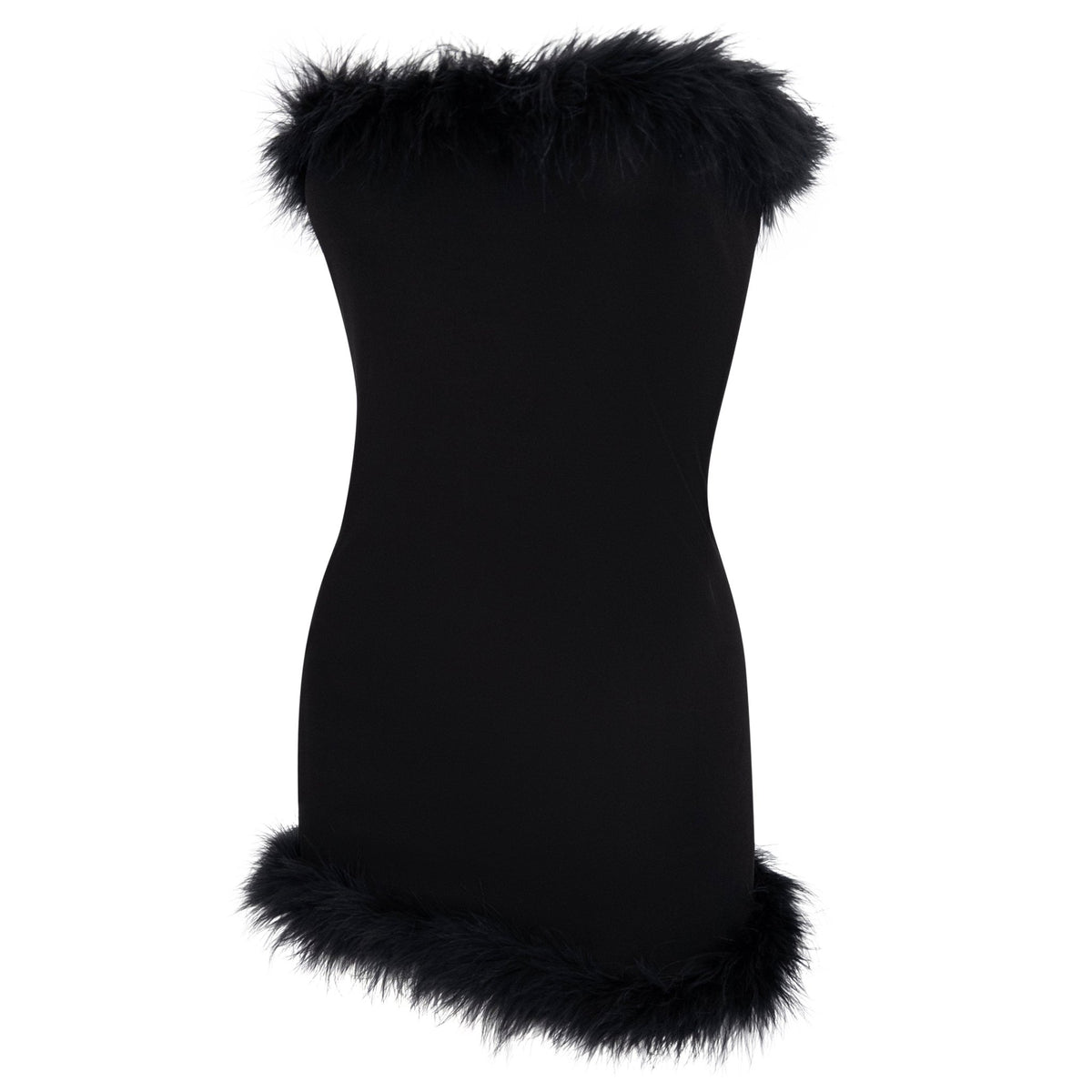 S/S 1994 Karl Lagerfeld Black Marabou Trim Semi - Sheer Strapless Super Mini Dress - RealList