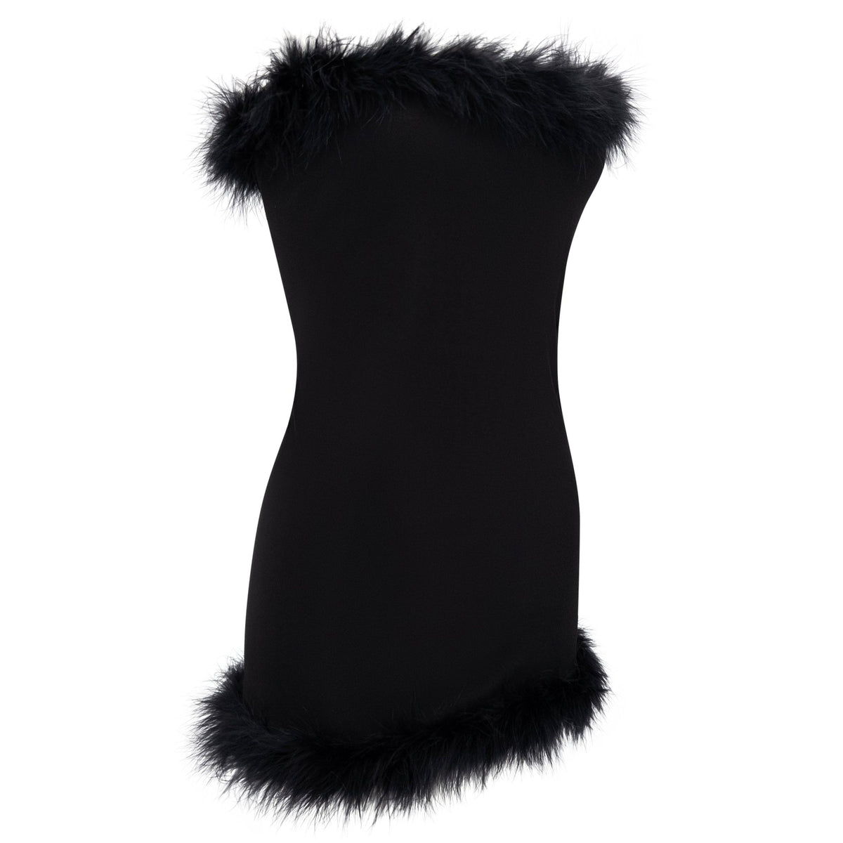 S/S 1994 Karl Lagerfeld Black Marabou Trim Semi - Sheer Strapless Super Mini Dress - RealList