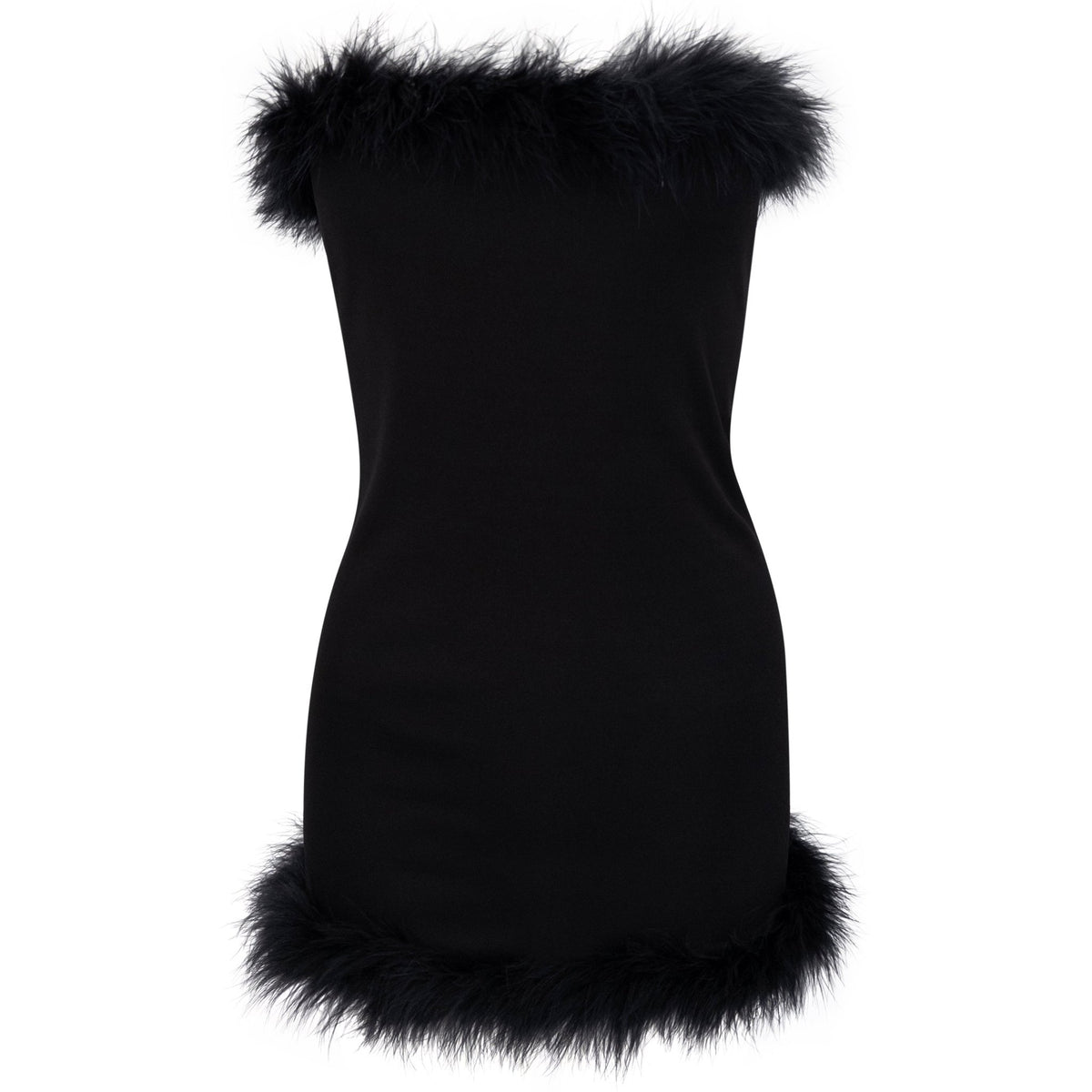 S/S 1994 Karl Lagerfeld Black Marabou Trim Semi - Sheer Strapless Super Mini Dress - RealList