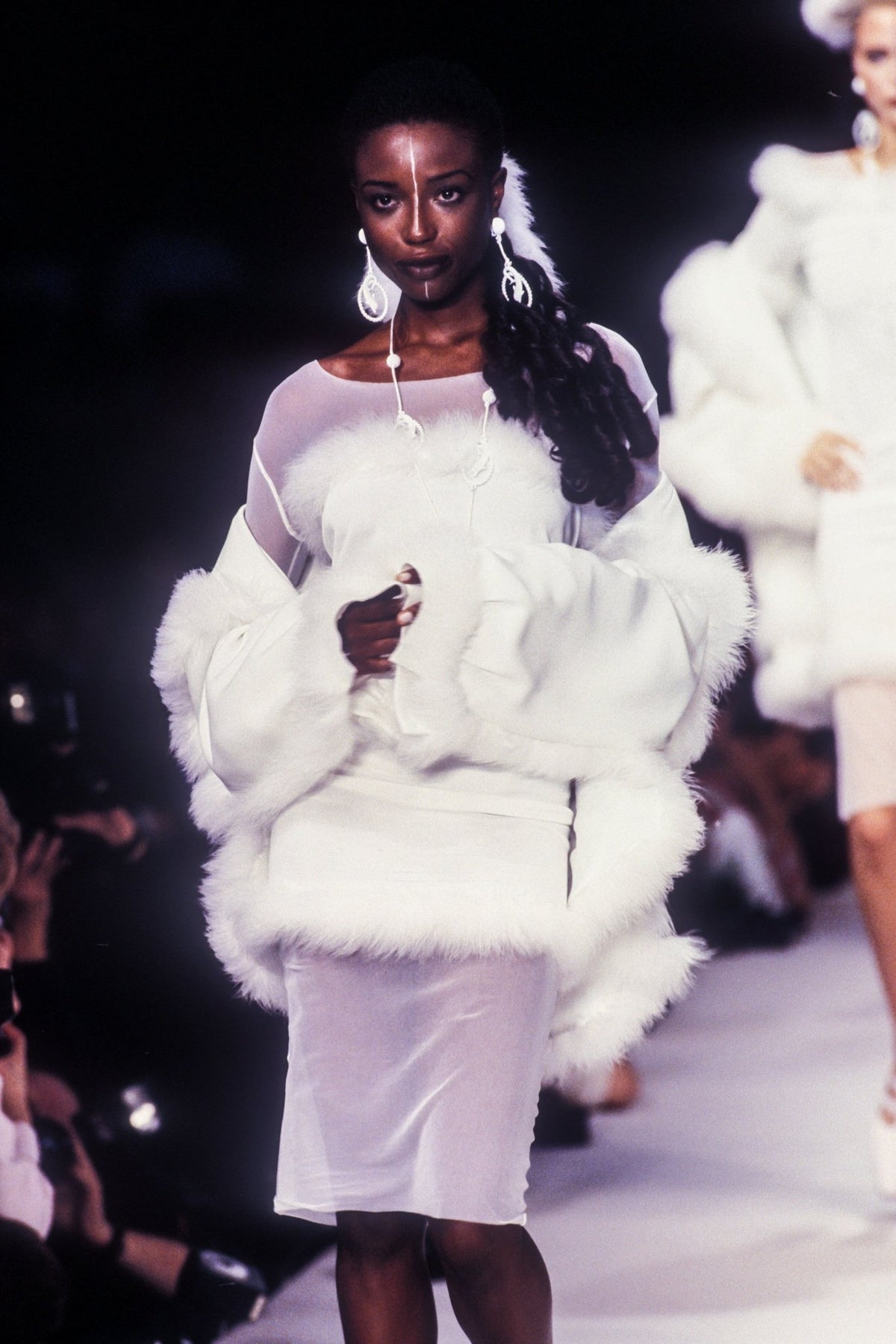 S/S 1994 Karl Lagerfeld Black Marabou Trim Semi - Sheer Strapless Super Mini Dress - RealList