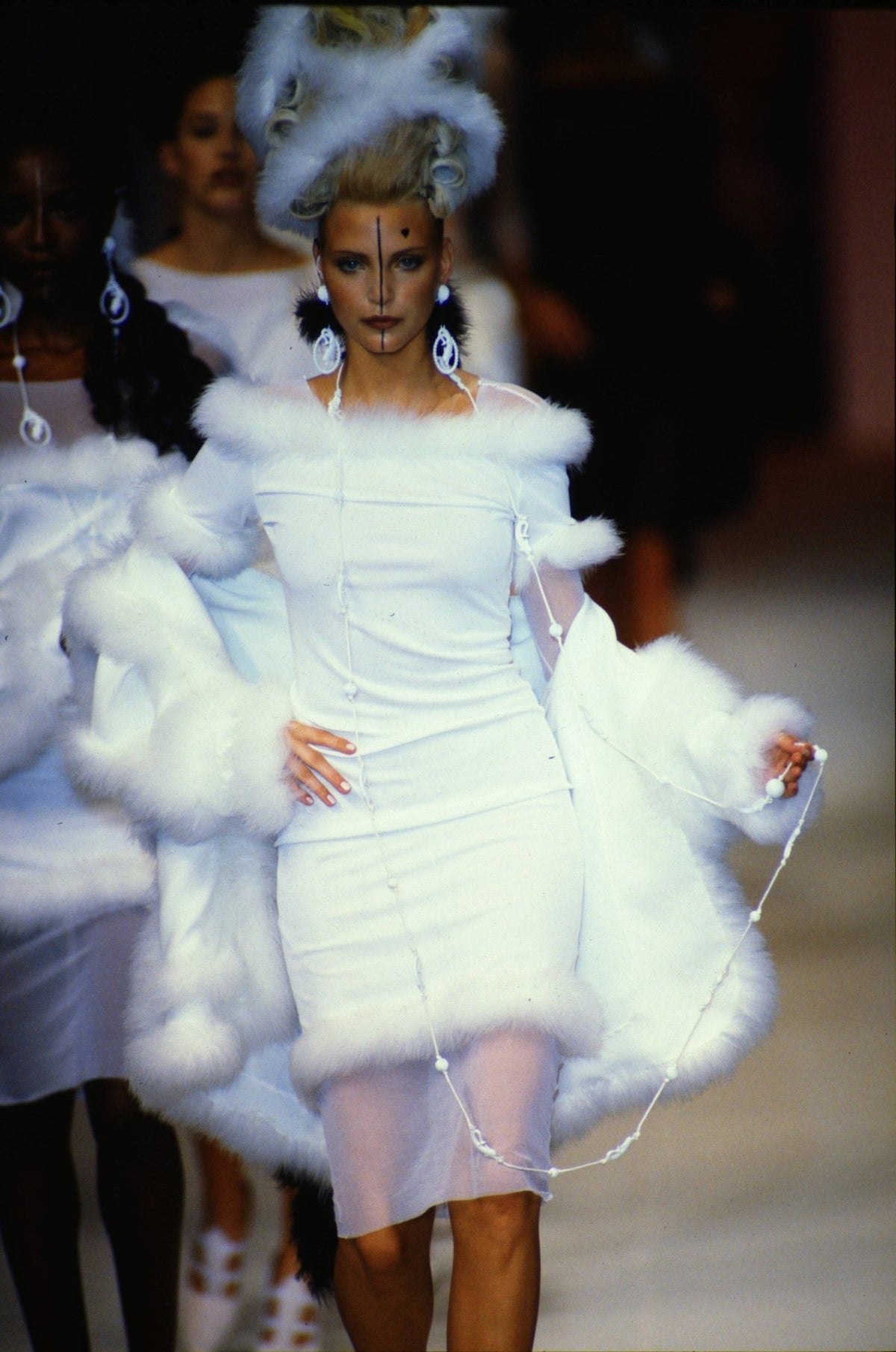 S/S 1994 Karl Lagerfeld Black Marabou Trim Semi - Sheer Strapless Super Mini Dress - RealList