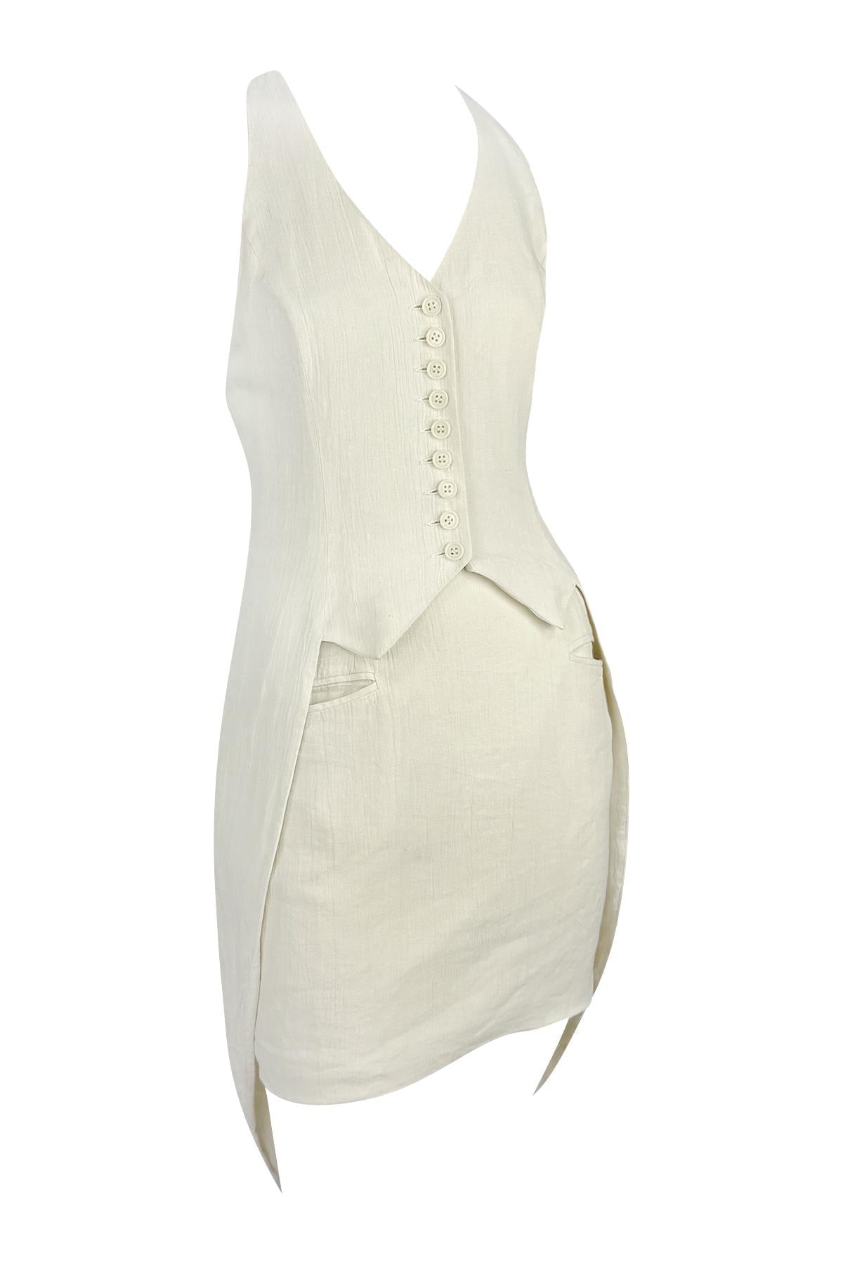 S/S 1994 Norma Kamali Runway Crinkled Off - White Linen Cropped Vest Skirt Set - RealList
