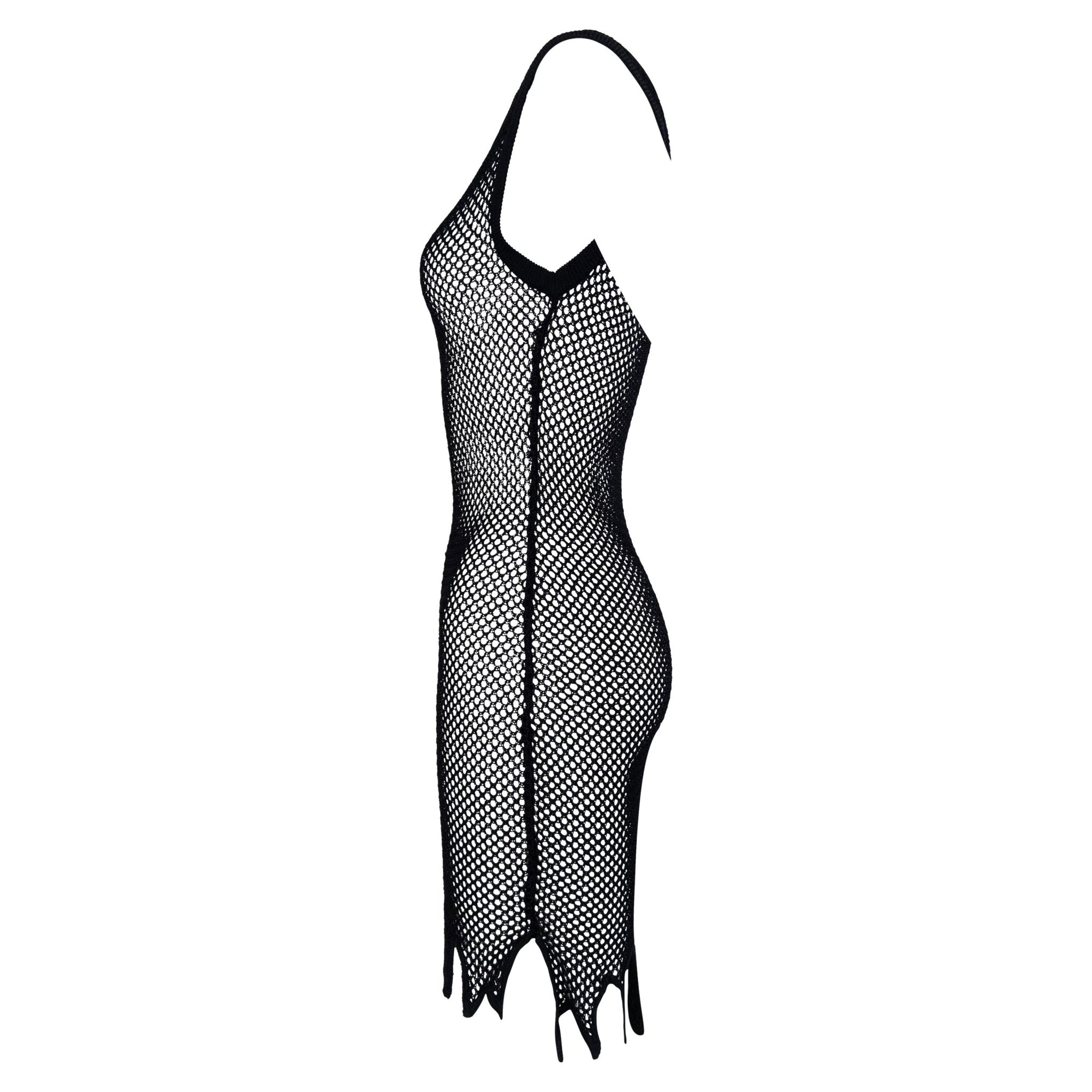 S/S 1994 Rifat Ozbek Black Mesh Bodycon Sleeveless Jagged Hem Dress - RealList