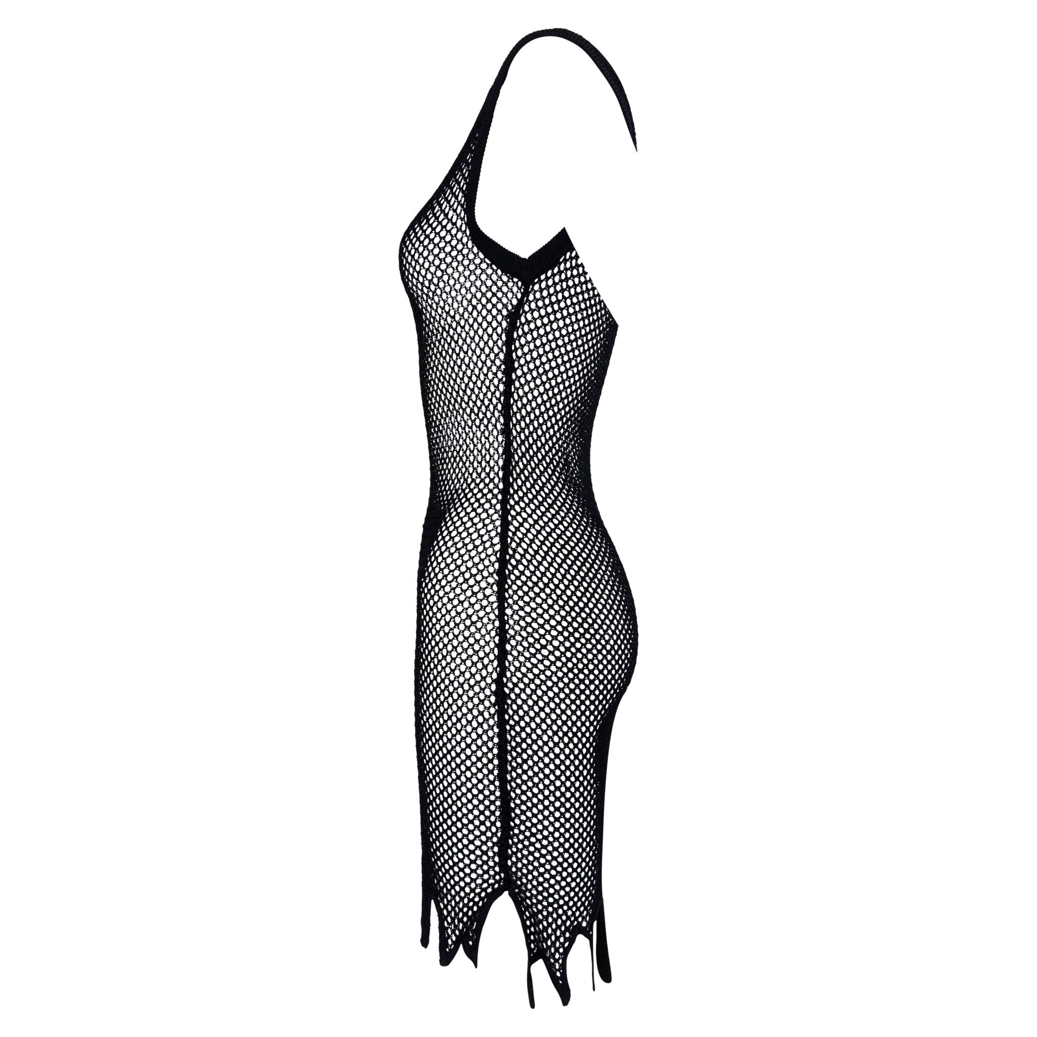 S/S 1994 Rifat Ozbek Black Mesh Bodycon Sleeveless Jagged Hem Dress - RealList
