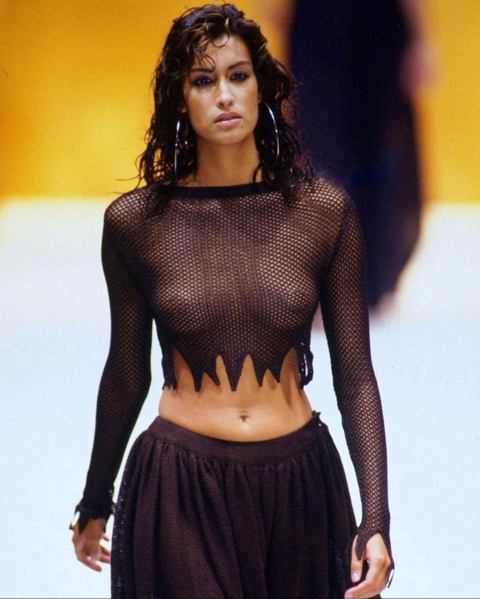 S/S 1994 Rifat Ozbek Black Mesh Bodycon Sleeveless Jagged Hem Dress - RealList