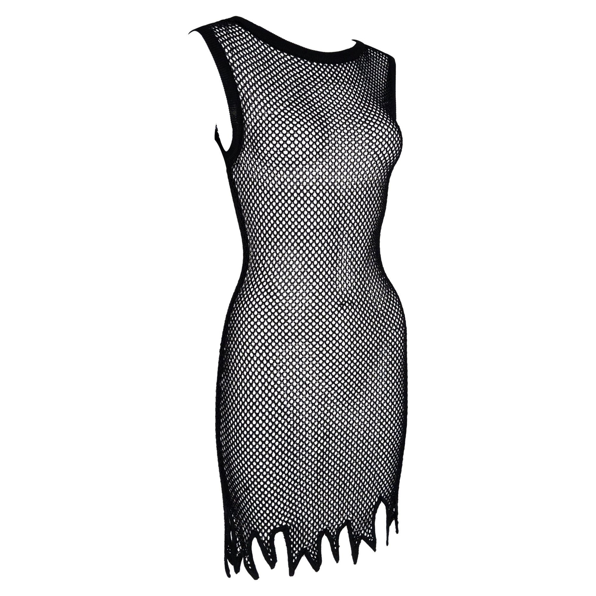 S/S 1994 Rifat Ozbek Black Mesh Bodycon Sleeveless Jagged Hem Dress - RealList