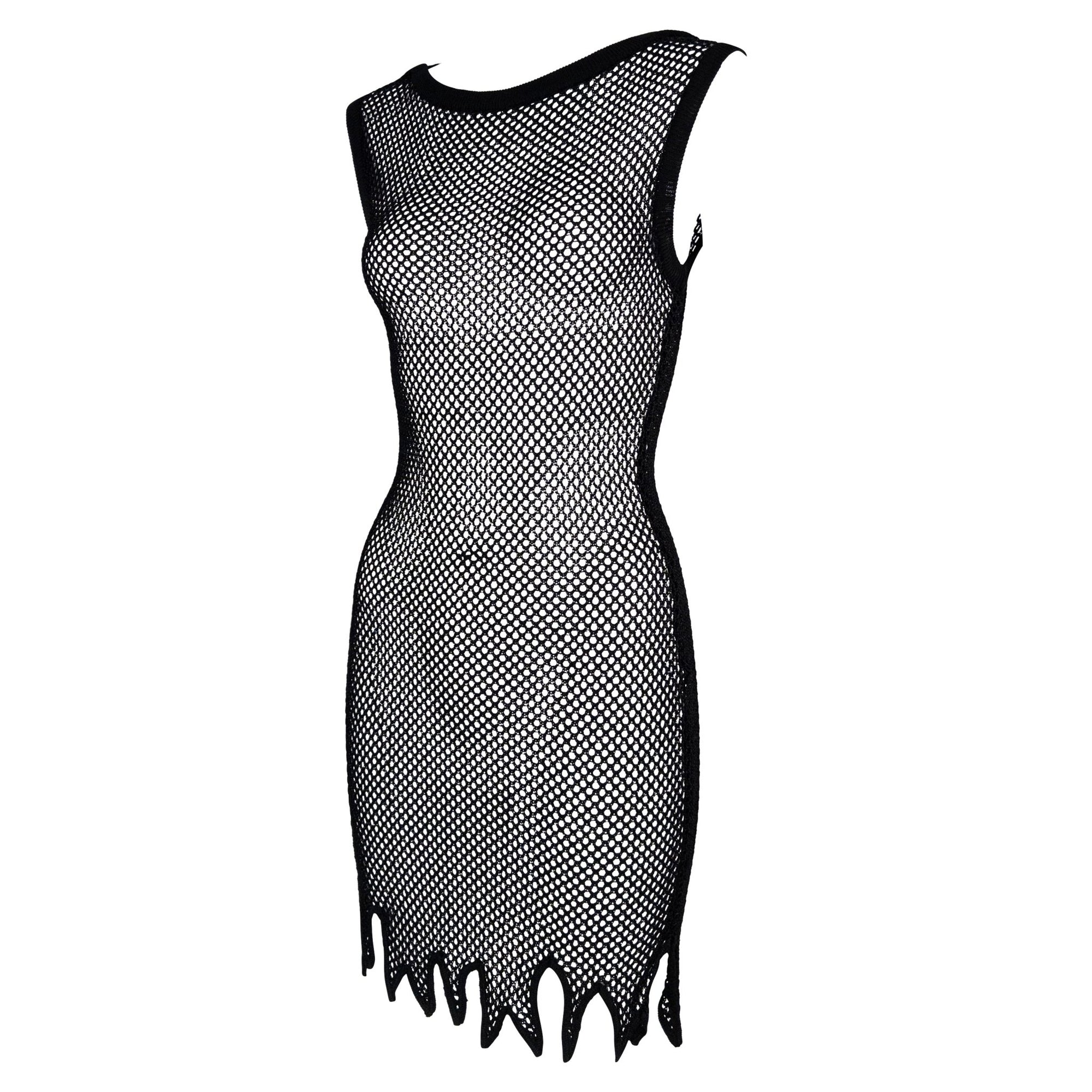S/S 1994 Rifat Ozbek Black Mesh Bodycon Sleeveless Jagged Hem Dress - RealList