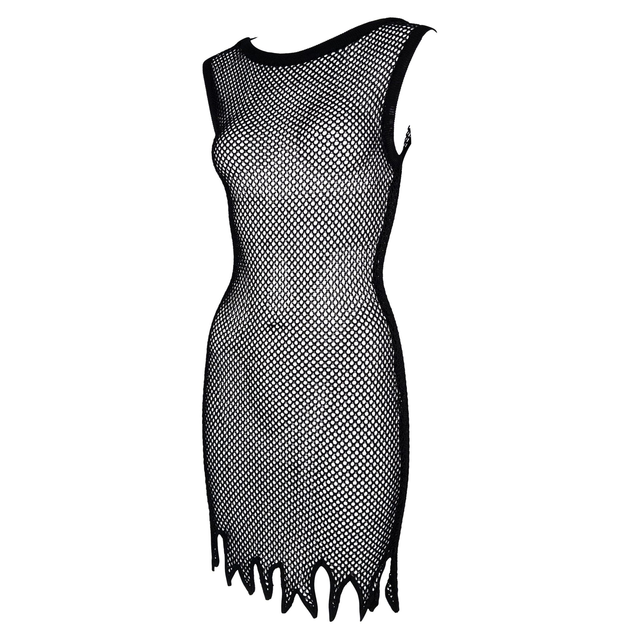 S/S 1994 Rifat Ozbek Black Mesh Bodycon Sleeveless Jagged Hem Dress - RealList