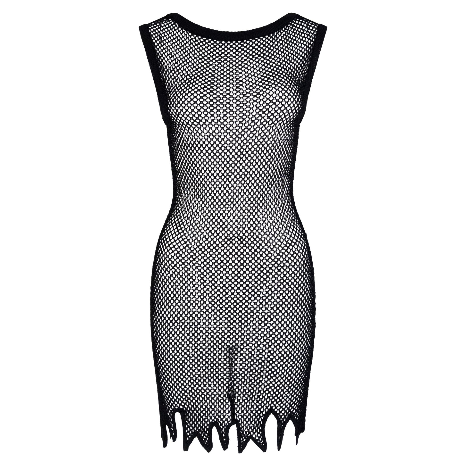 S/S 1994 Rifat Ozbek Black Mesh Bodycon Sleeveless Jagged Hem Dress - RealList