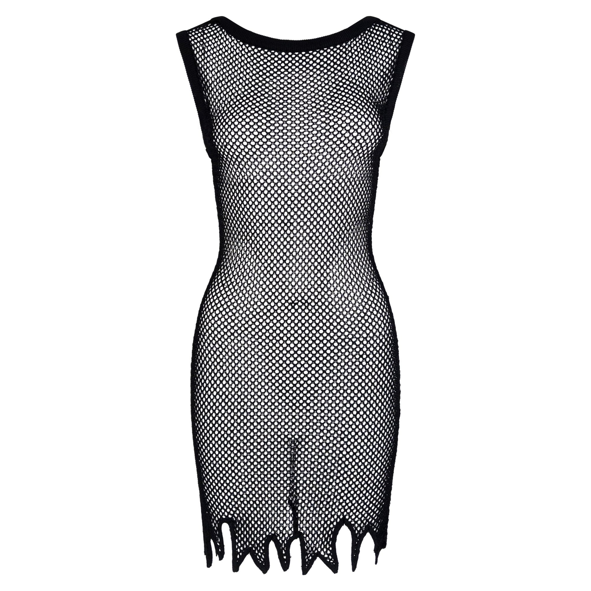 S/S 1994 Rifat Ozbek Black Mesh Bodycon Sleeveless Jagged Hem Dress - RealList