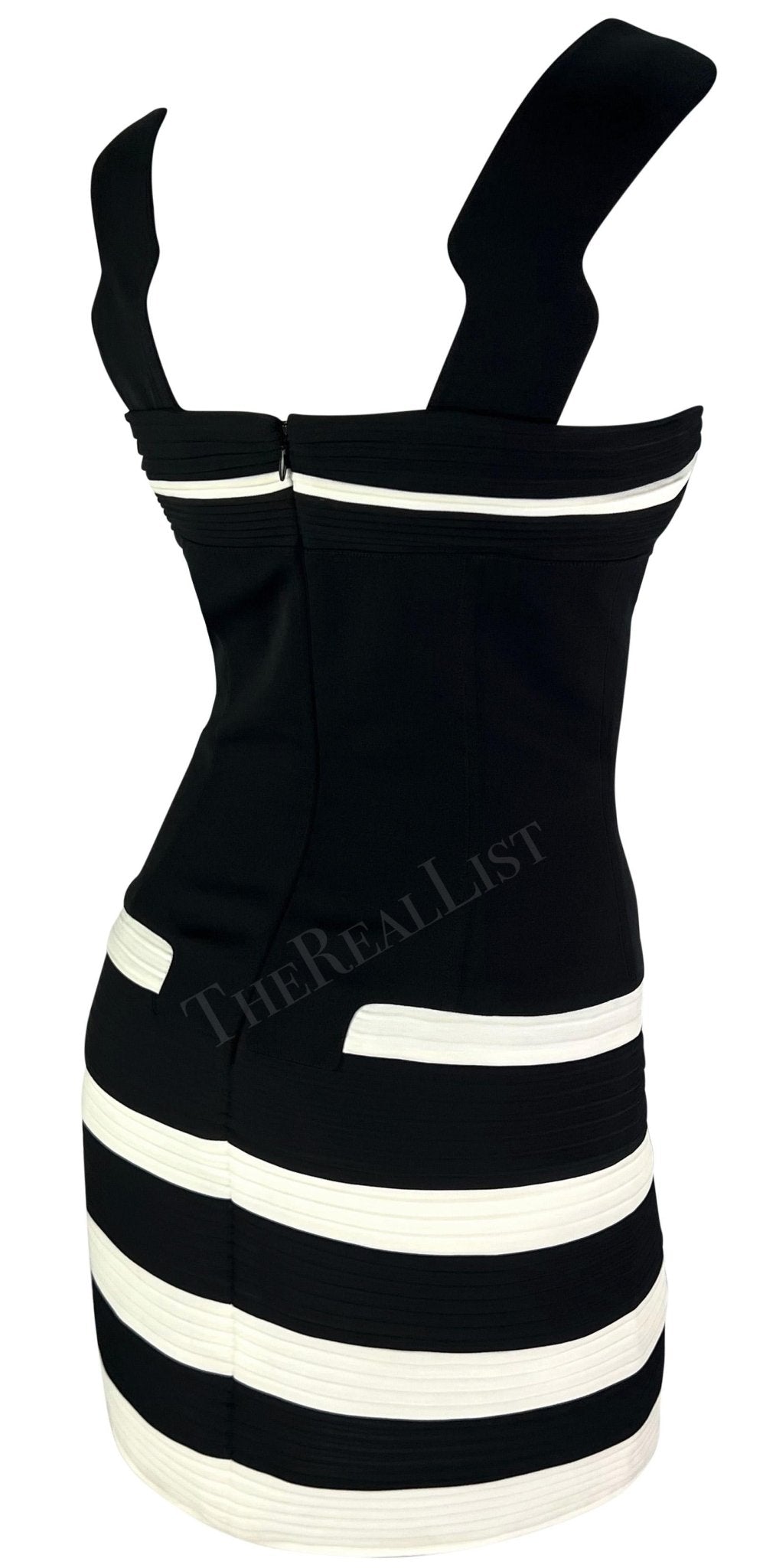 S/S 1994 Thierry Mugler Runway Black White Accordion Pleat Bodycon Mini Dress - RealList