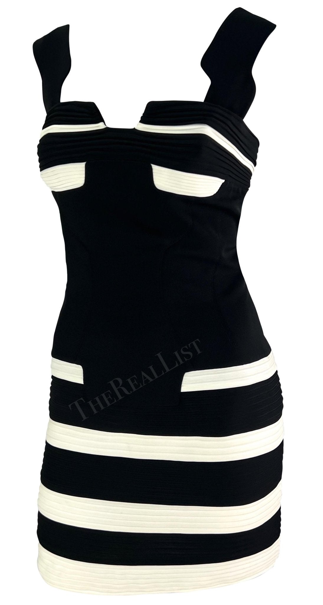S/S 1994 Thierry Mugler Runway Black White Accordion Pleat Bodycon Mini Dress - RealList