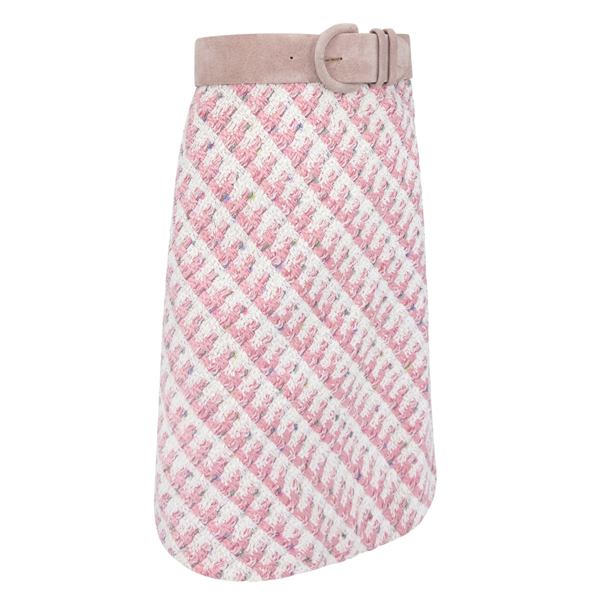 S/S 1995 Bill Blass Runway Pink White Tweed Short Sleeve Belted Skirt Suit - RealList