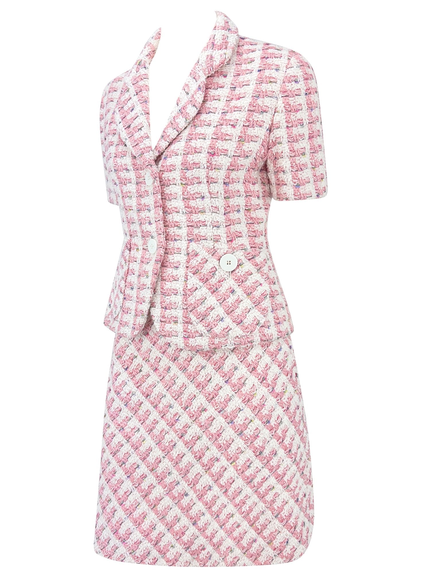 S/S 1995 Bill Blass Runway Pink White Tweed Short Sleeve Belted Skirt Suit - RealList