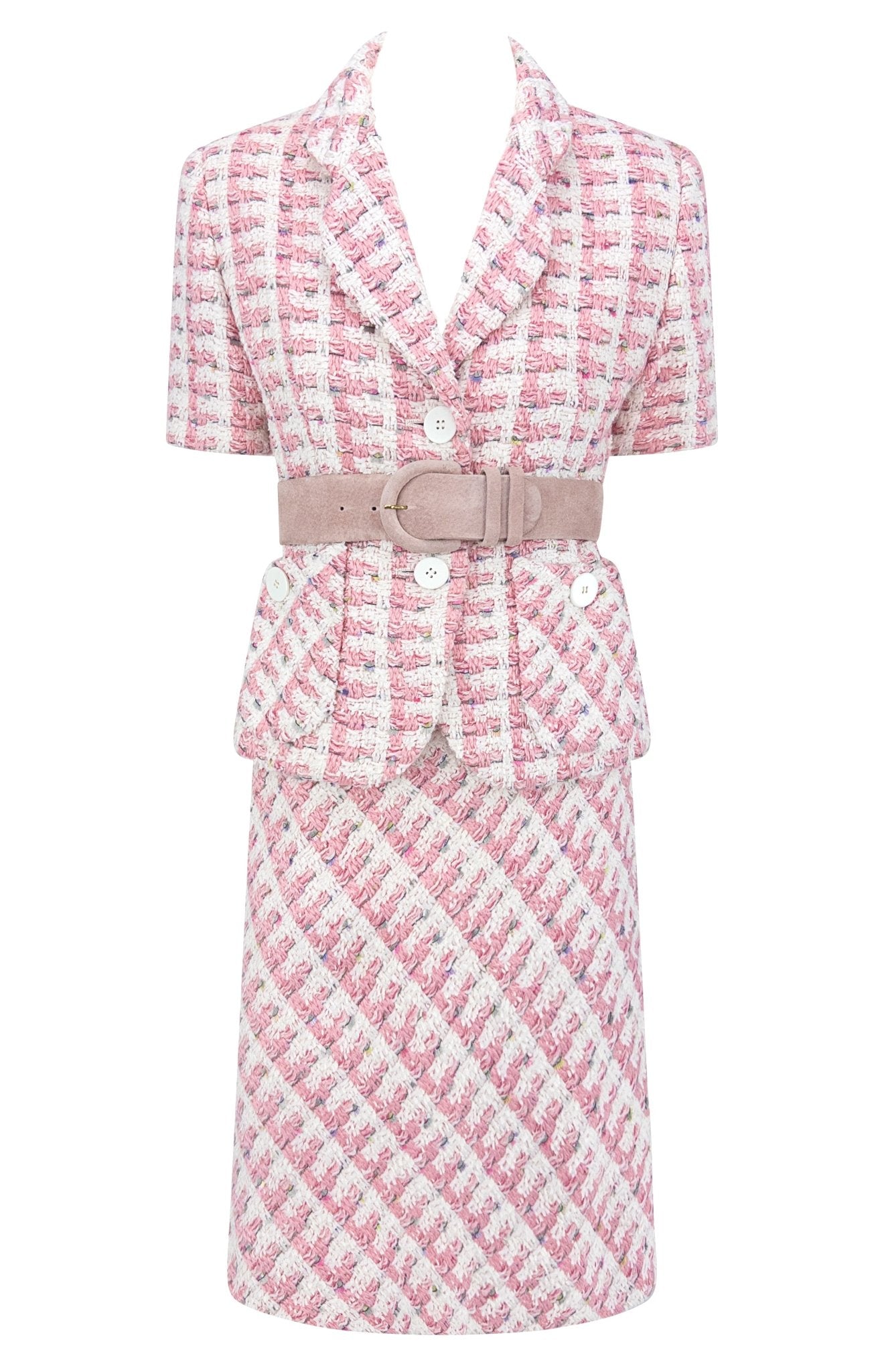 S/S 1995 Bill Blass Runway Pink White Tweed Short Sleeve Belted Skirt Suit - RealList