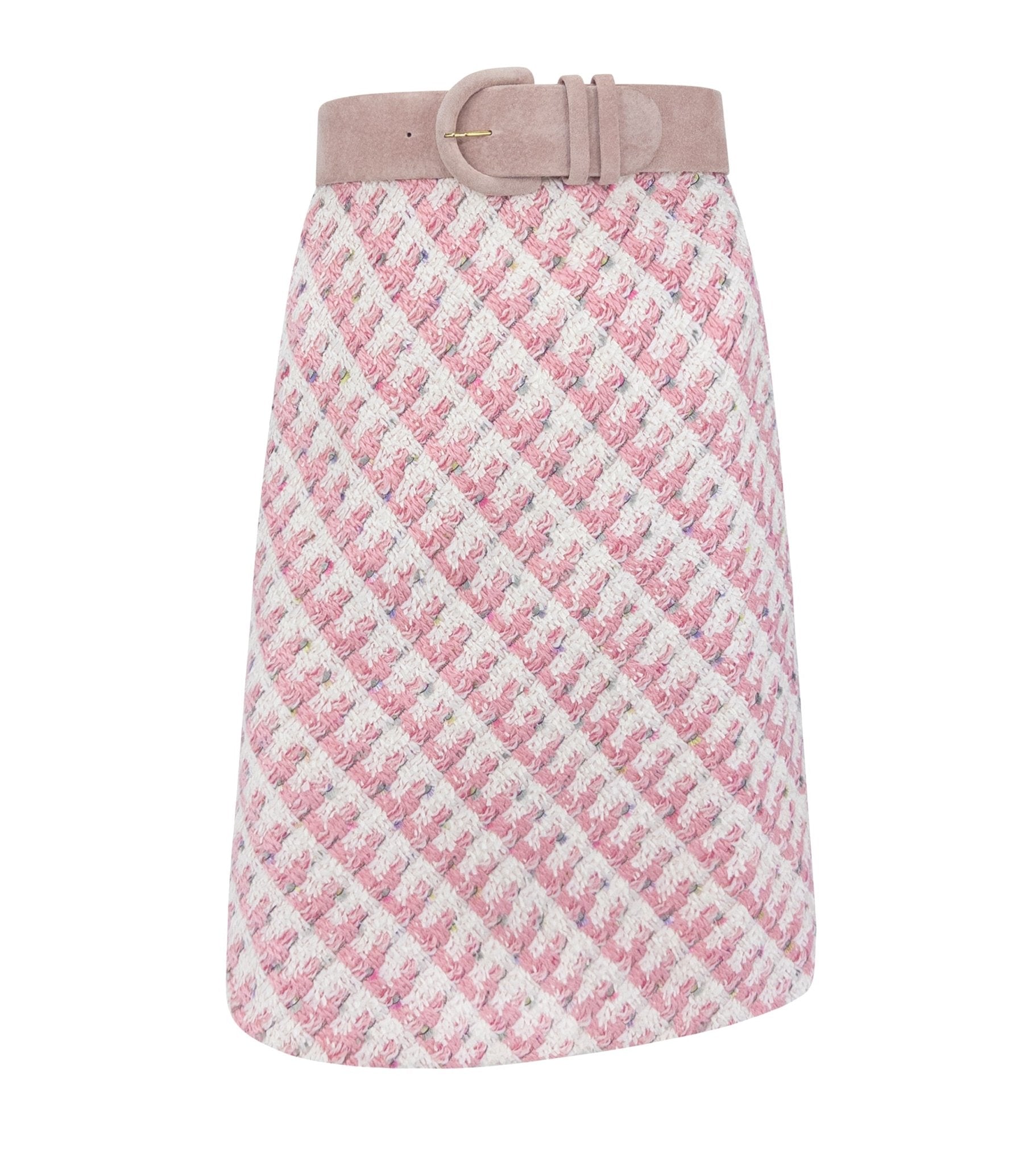 S/S 1995 Bill Blass Runway Pink White Tweed Short Sleeve Belted Skirt Suit - RealList