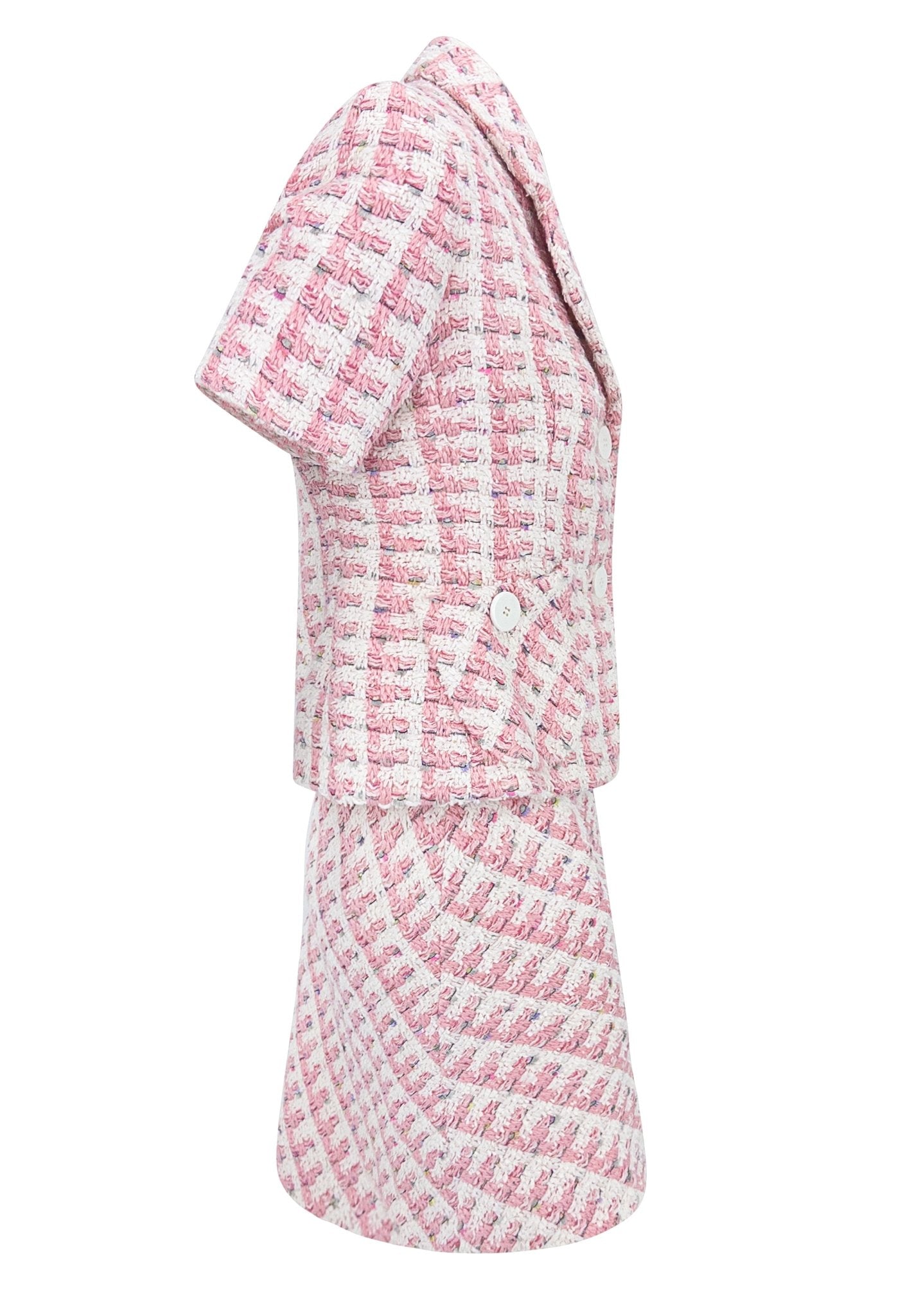S/S 1995 Bill Blass Runway Pink White Tweed Short Sleeve Belted Skirt Suit - RealList