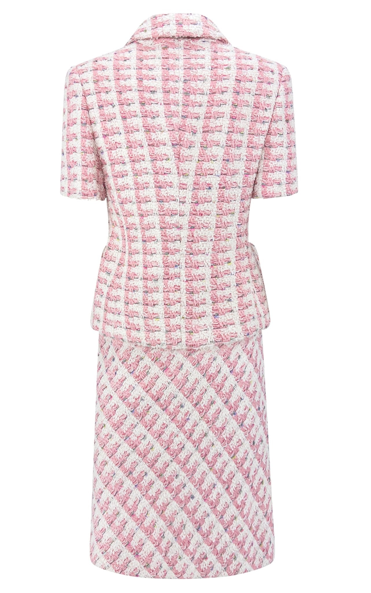 S/S 1995 Bill Blass Runway Pink White Tweed Short Sleeve Belted Skirt Suit - RealList
