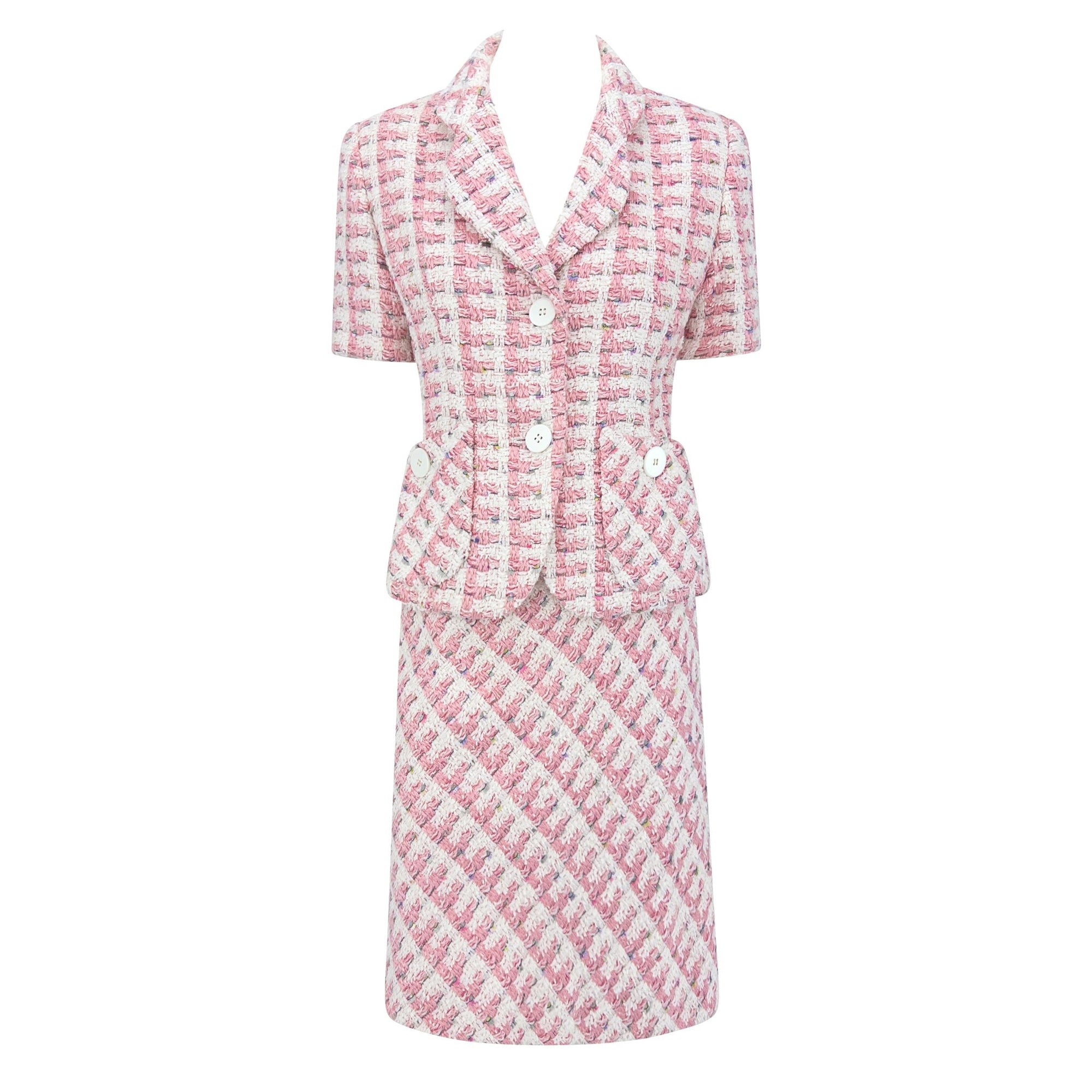 S/S 1995 Bill Blass Runway Pink White Tweed Short Sleeve Belted Skirt Suit - RealList