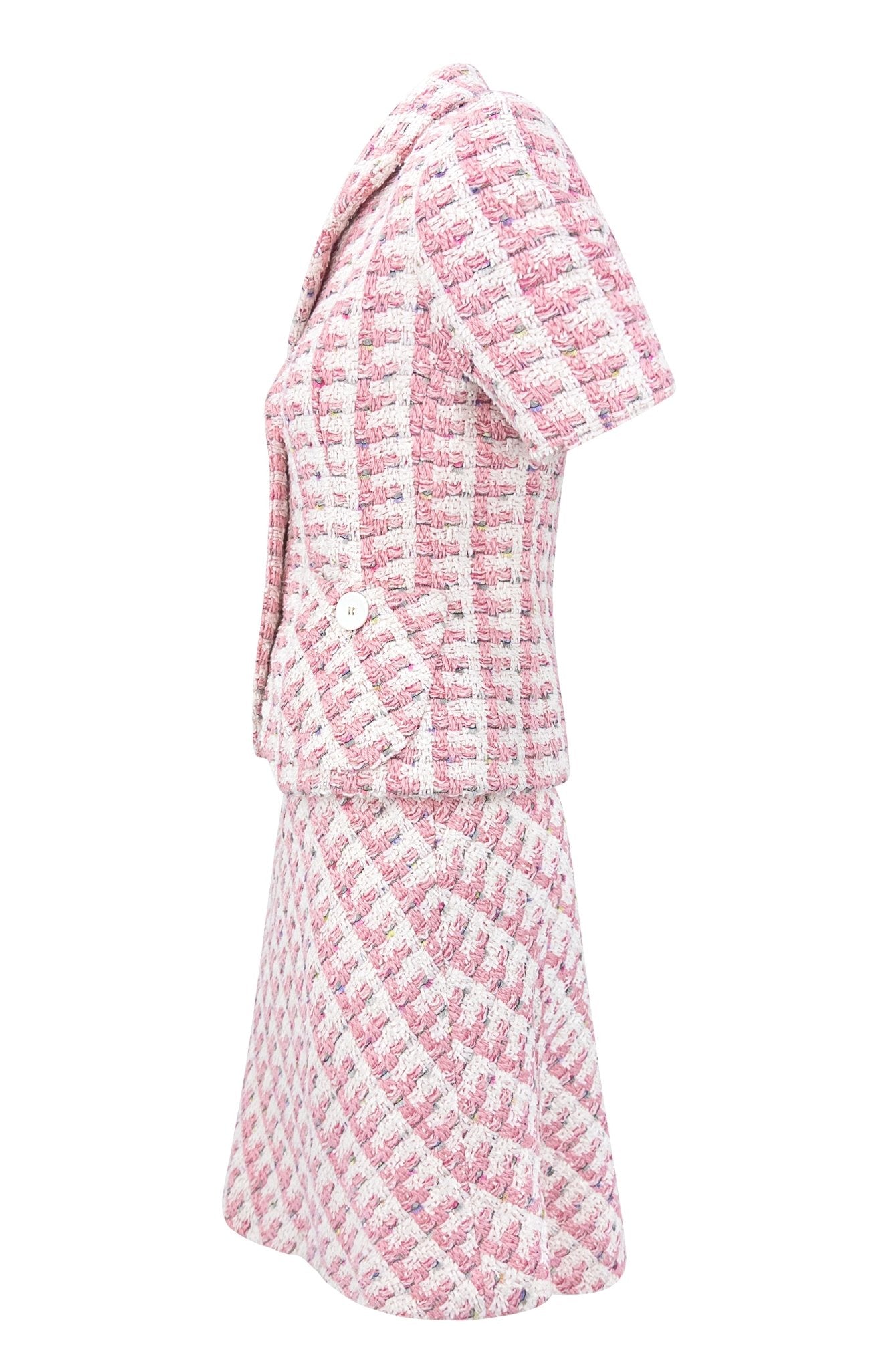 S/S 1995 Bill Blass Runway Pink White Tweed Short Sleeve Belted Skirt Suit - RealList