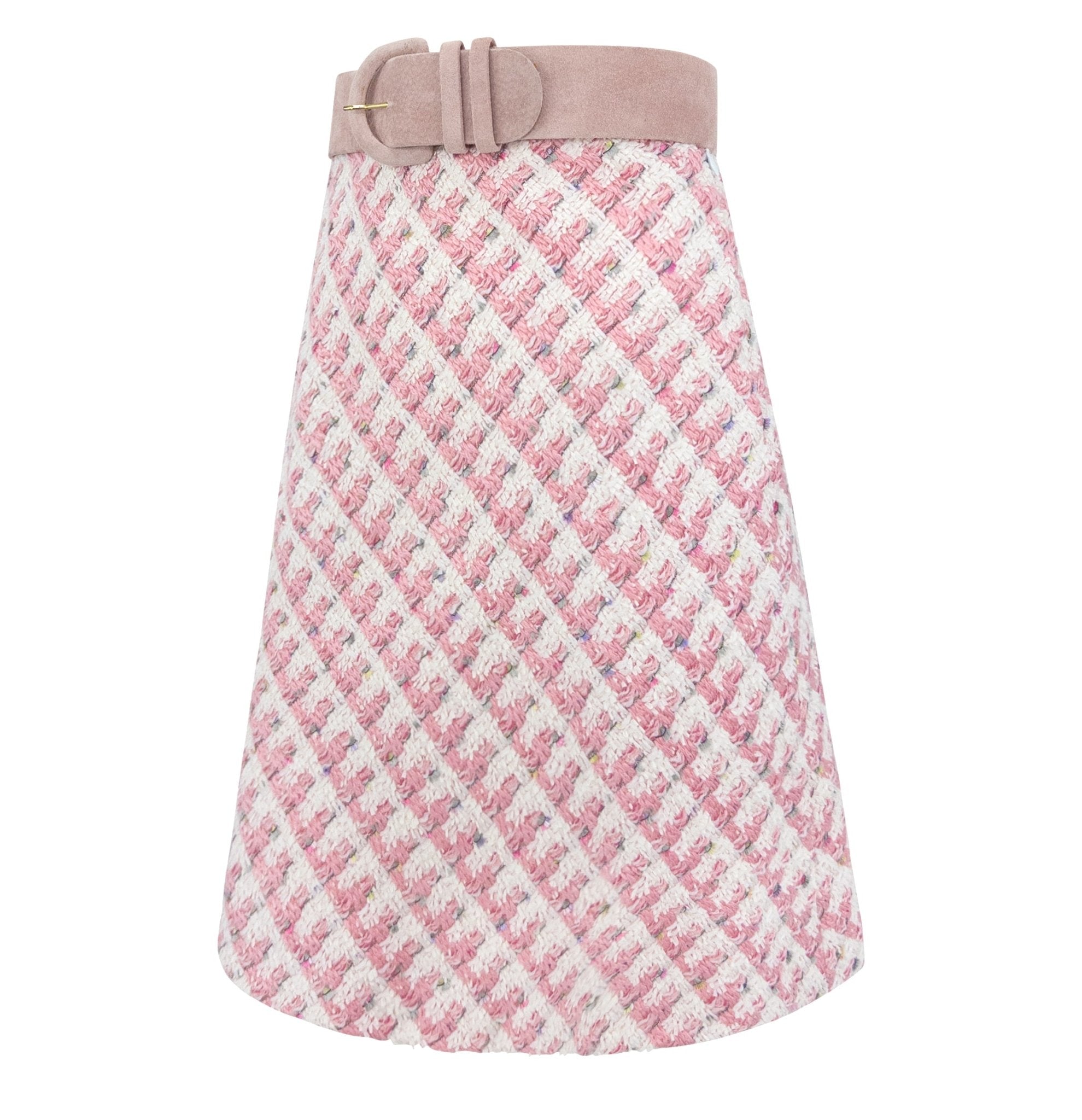 S/S 1995 Bill Blass Runway Pink White Tweed Short Sleeve Belted Skirt Suit - RealList