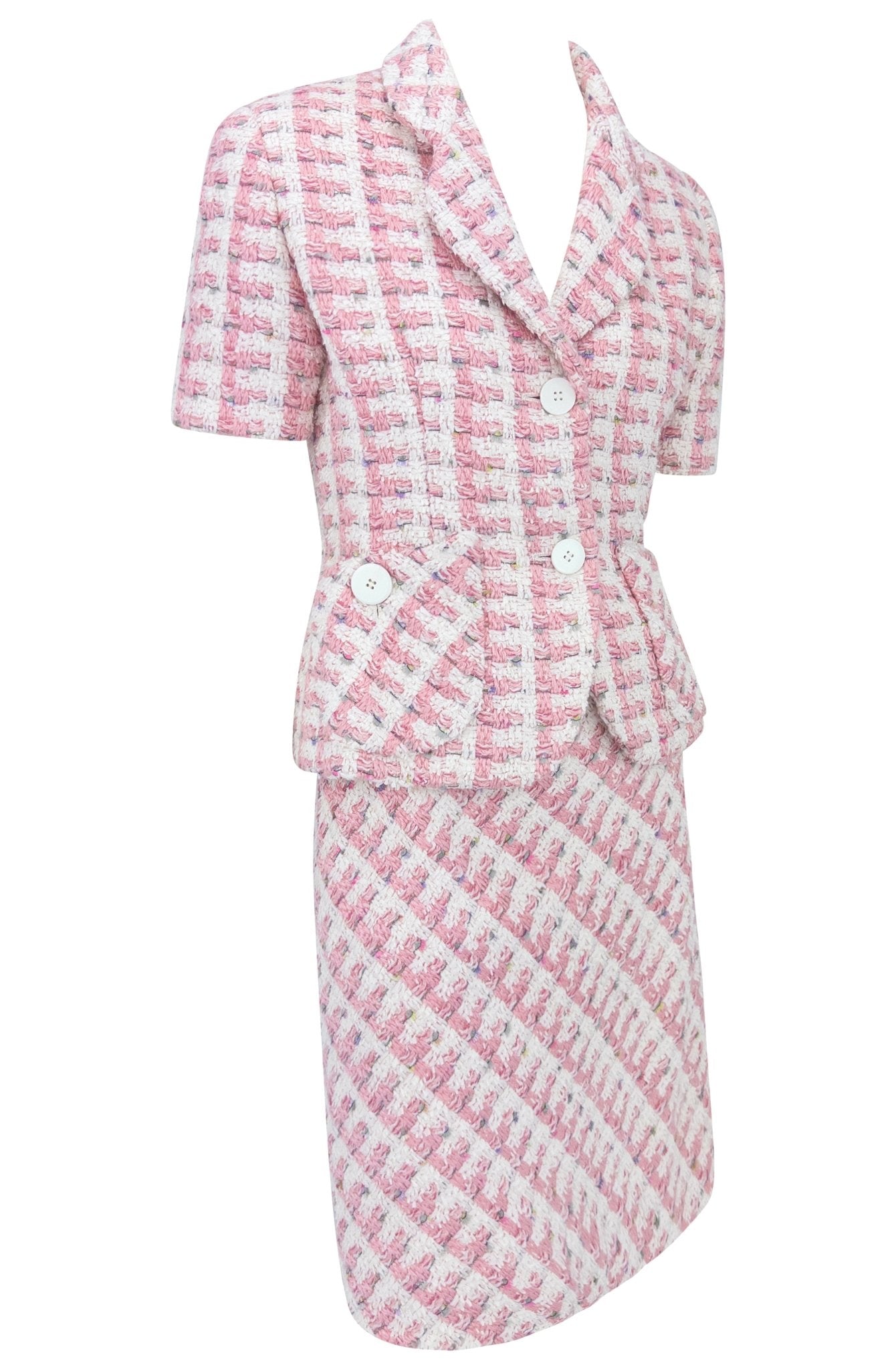 S/S 1995 Bill Blass Runway Pink White Tweed Short Sleeve Belted Skirt Suit - RealList