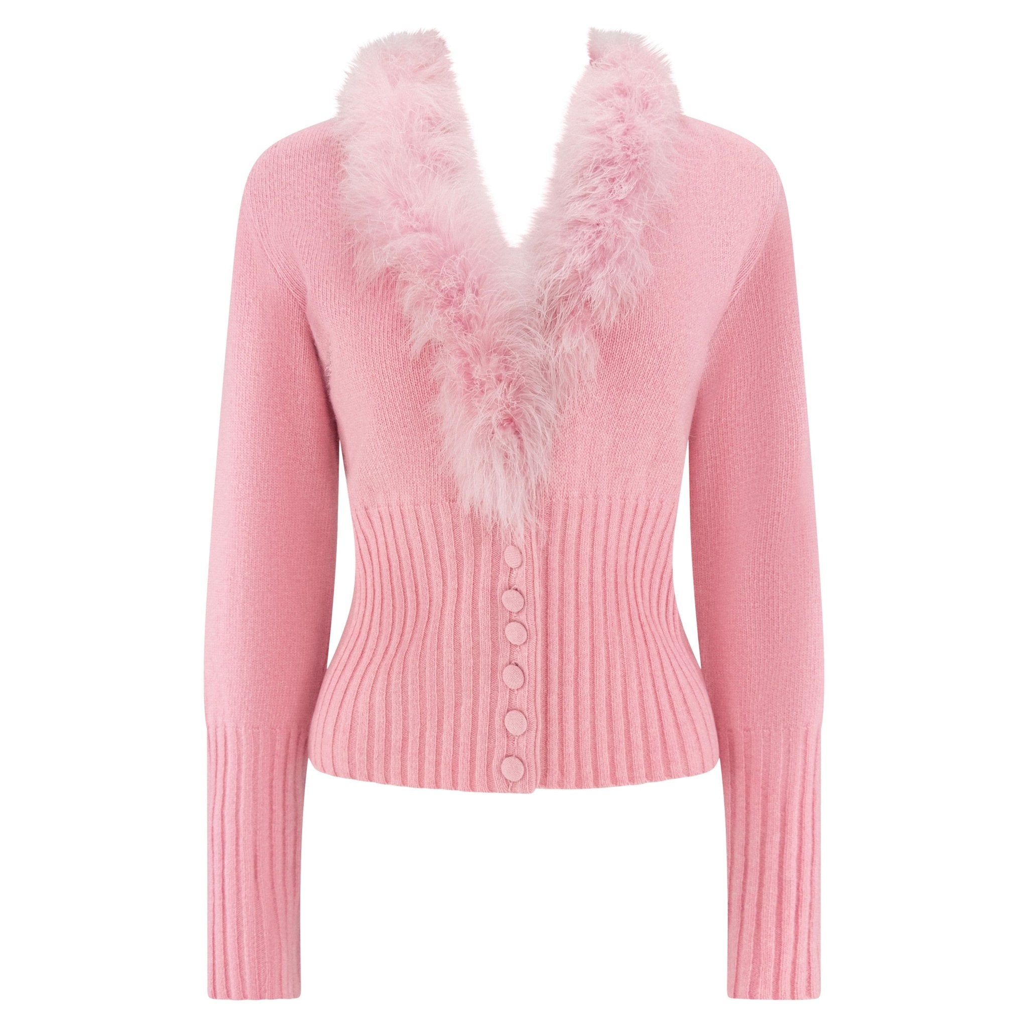 S/S 1995 Dolce & Gabbana Baby Pink Knit Wool Marabou Feather Cardigan Sweater - RealList
