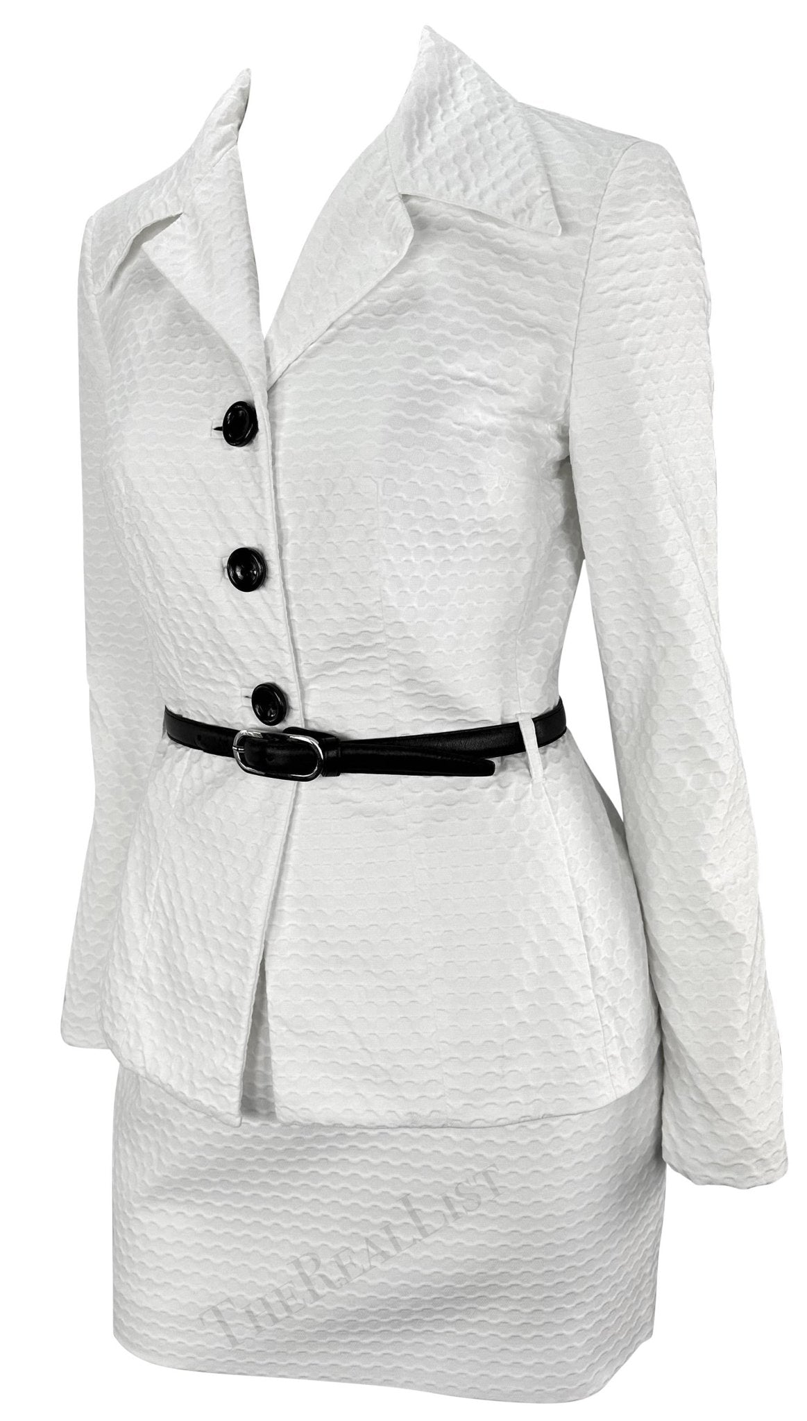 S/S 1995 Dolce & Gabbana Belted White Waffle Knit Mini Skirt Suit - RealList