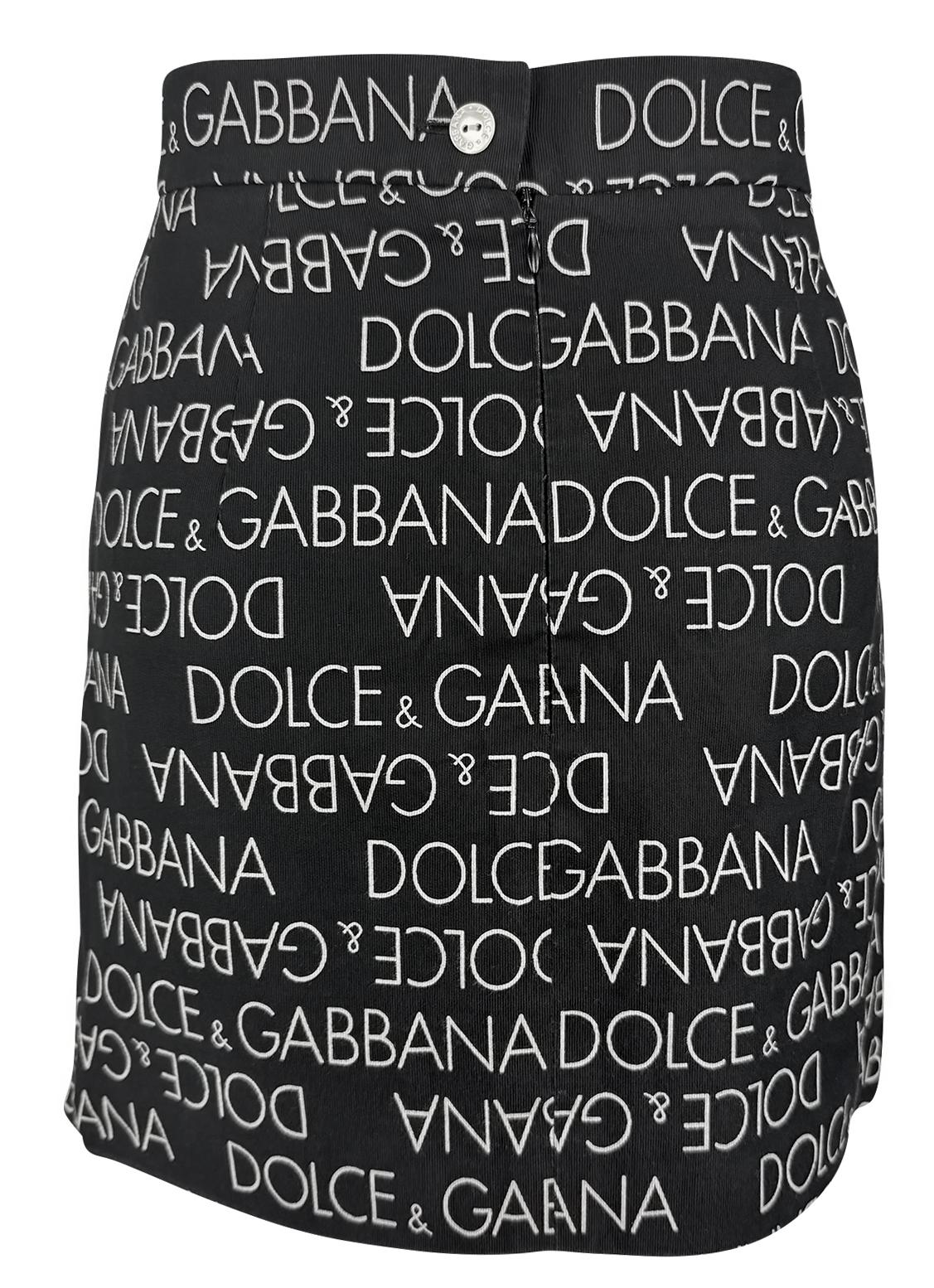 S/S 1995 Dolce & Gabbana Logo Pattern Black Cotton High Slit Mini Skirt - RealList