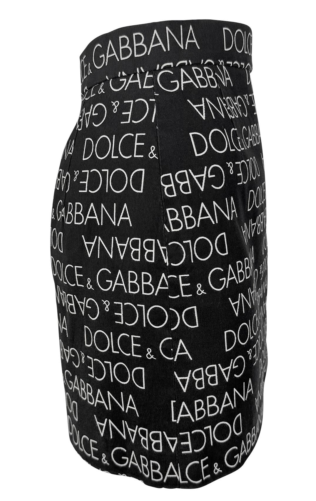 S/S 1995 Dolce & Gabbana Logo Pattern Black Cotton High Slit Mini Skirt - RealList