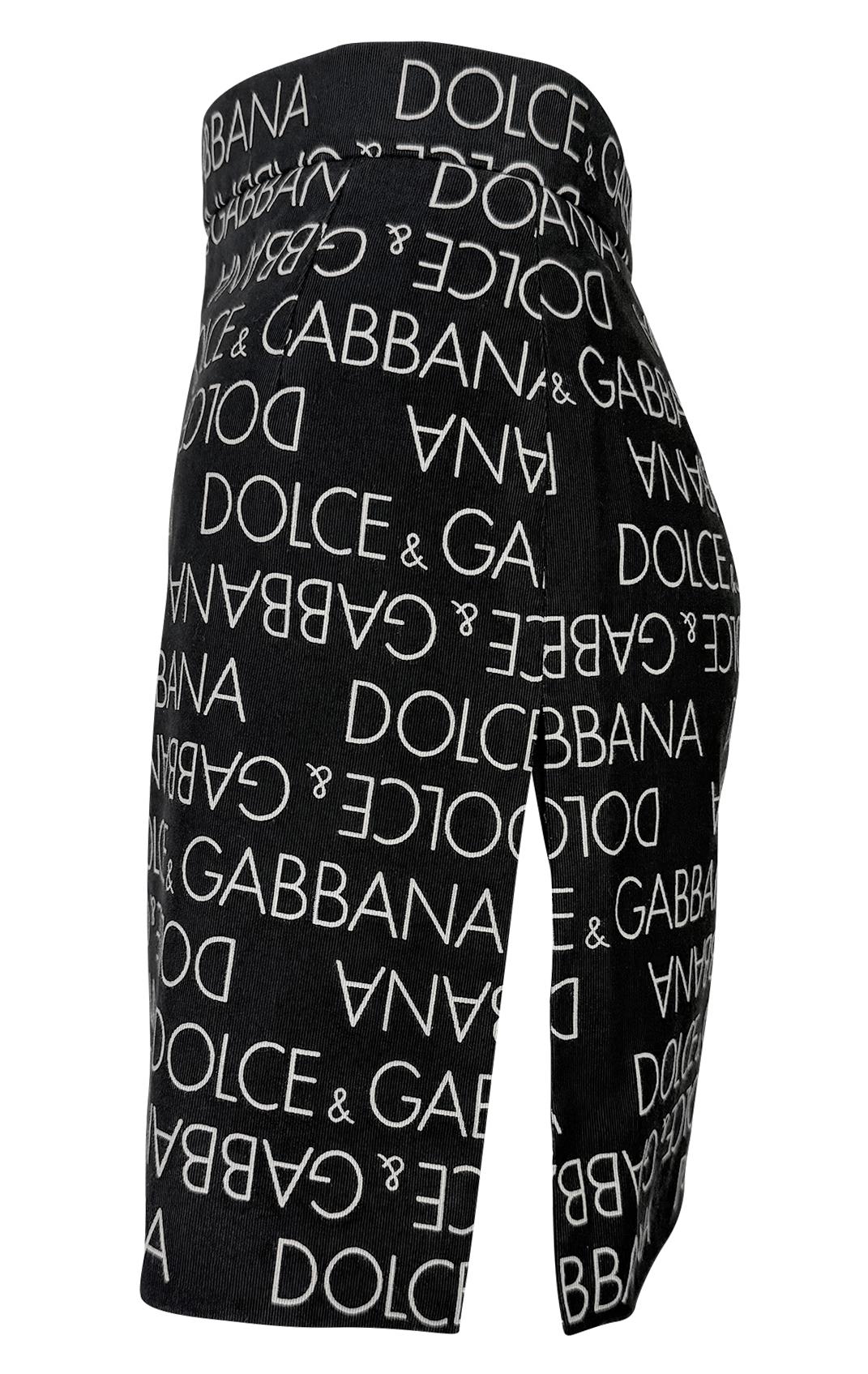 S/S 1995 Dolce & Gabbana Logo Pattern Black Cotton High Slit Mini Skirt - RealList
