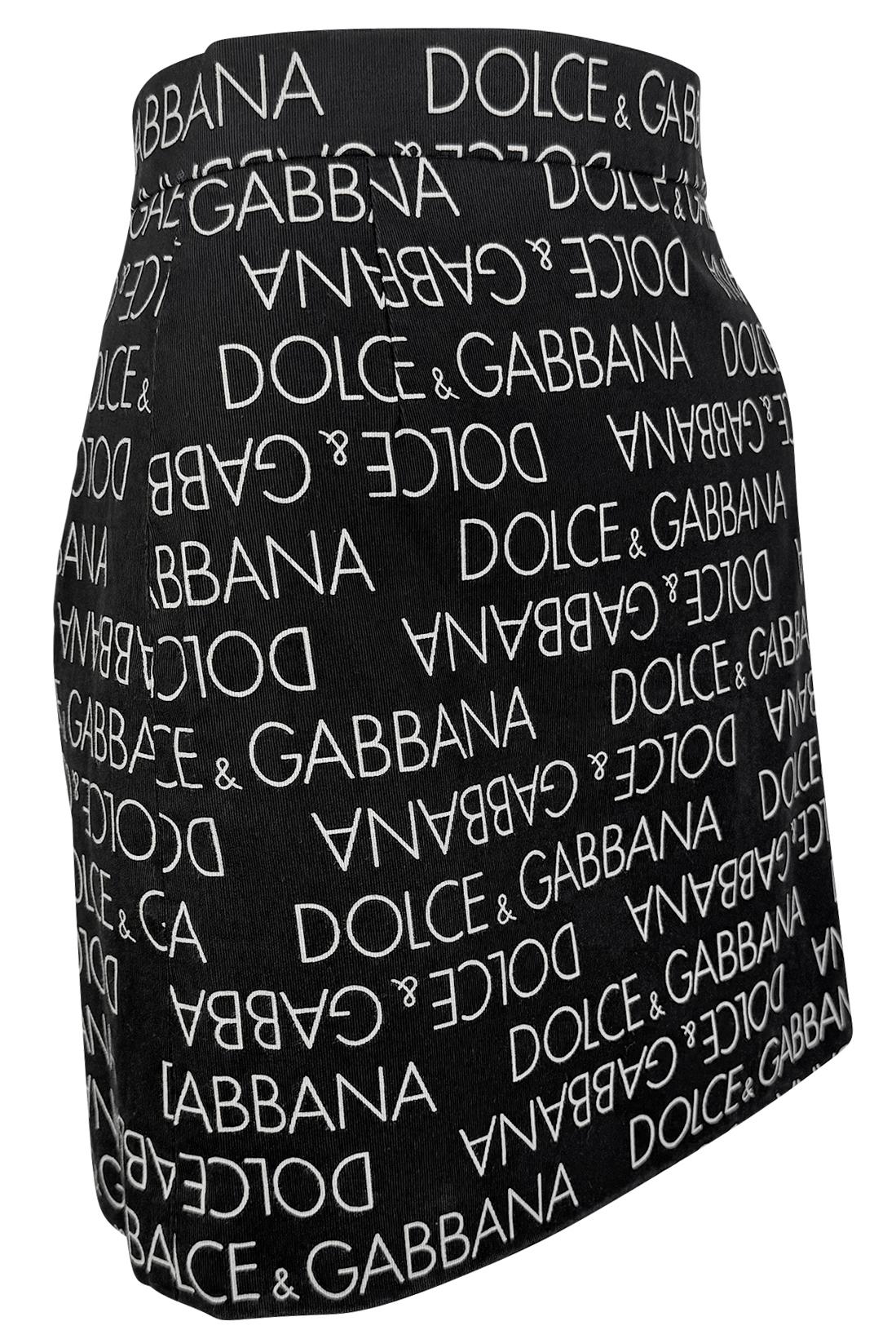 S/S 1995 Dolce & Gabbana Logo Pattern Black Cotton High Slit Mini Skirt - RealList