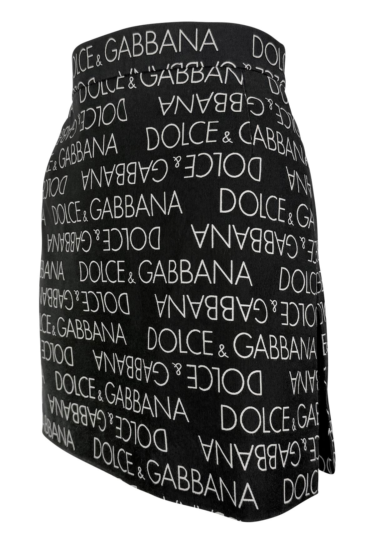 S/S 1995 Dolce & Gabbana Logo Pattern Black Cotton High Slit Mini Skirt - RealList