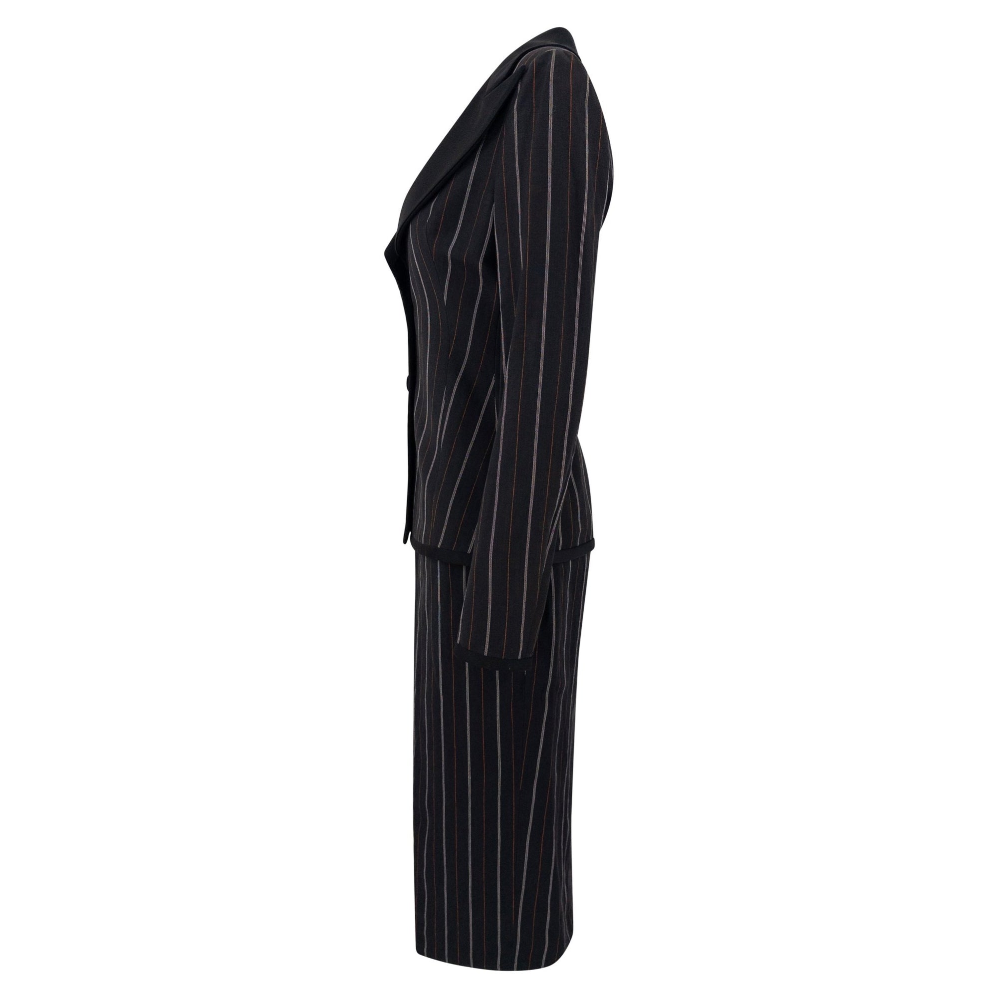 S/S 1995 Dolce & Gabbana Orange Yellow Pinstripe Black Satin Trim Skirt Suit - RealList