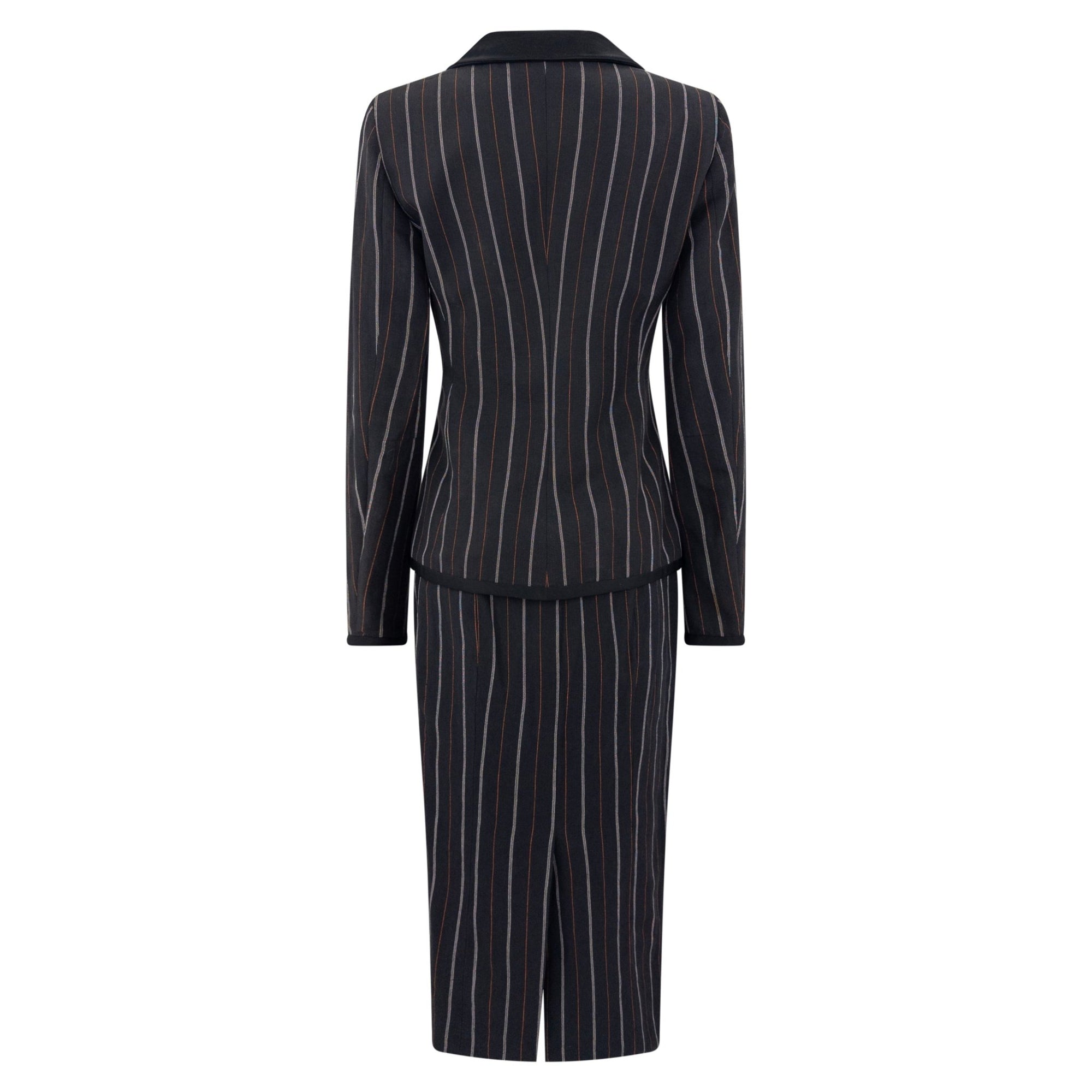 S/S 1995 Dolce & Gabbana Orange Yellow Pinstripe Black Satin Trim Skirt Suit - RealList