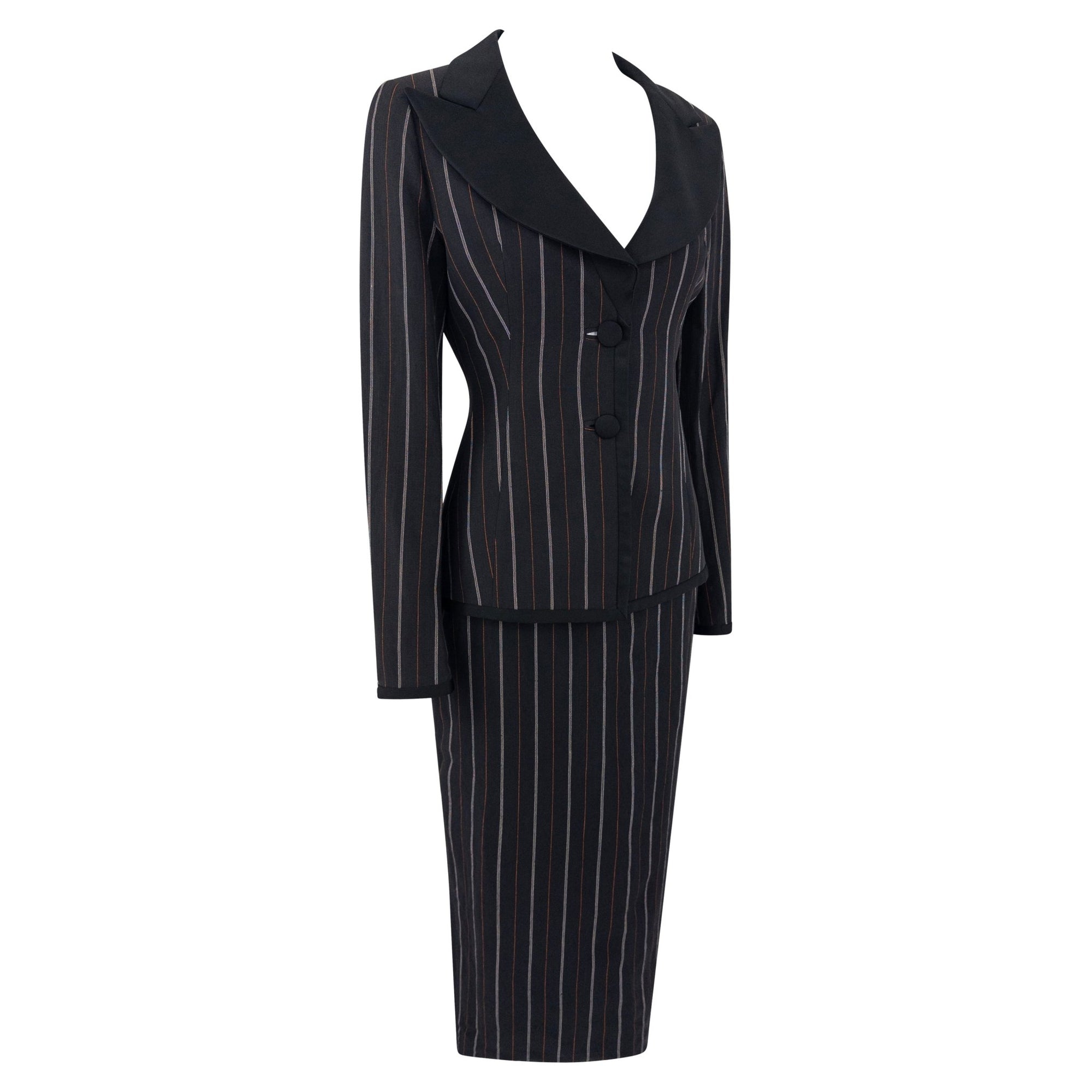 S/S 1995 Dolce & Gabbana Orange Yellow Pinstripe Black Satin Trim Skirt Suit - RealList