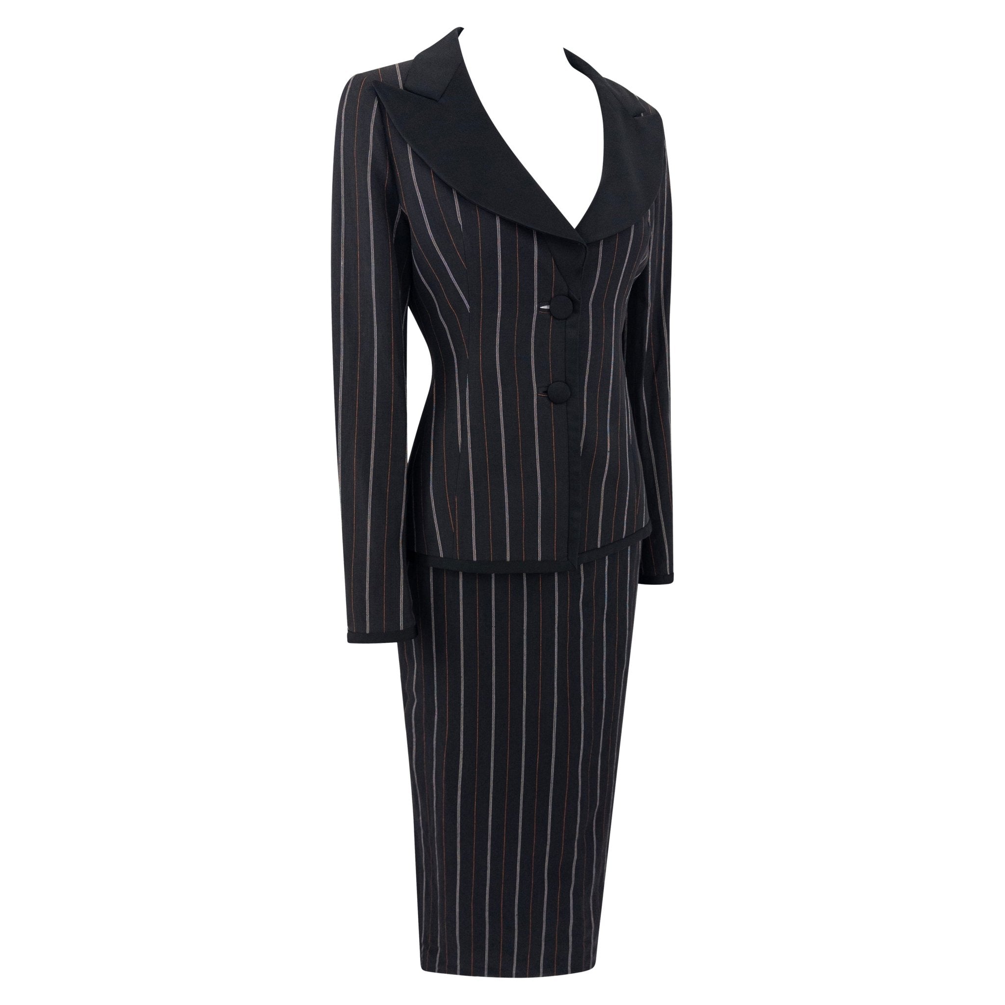 S/S 1995 Dolce & Gabbana Orange Yellow Pinstripe Black Satin Trim Skirt Suit - RealList