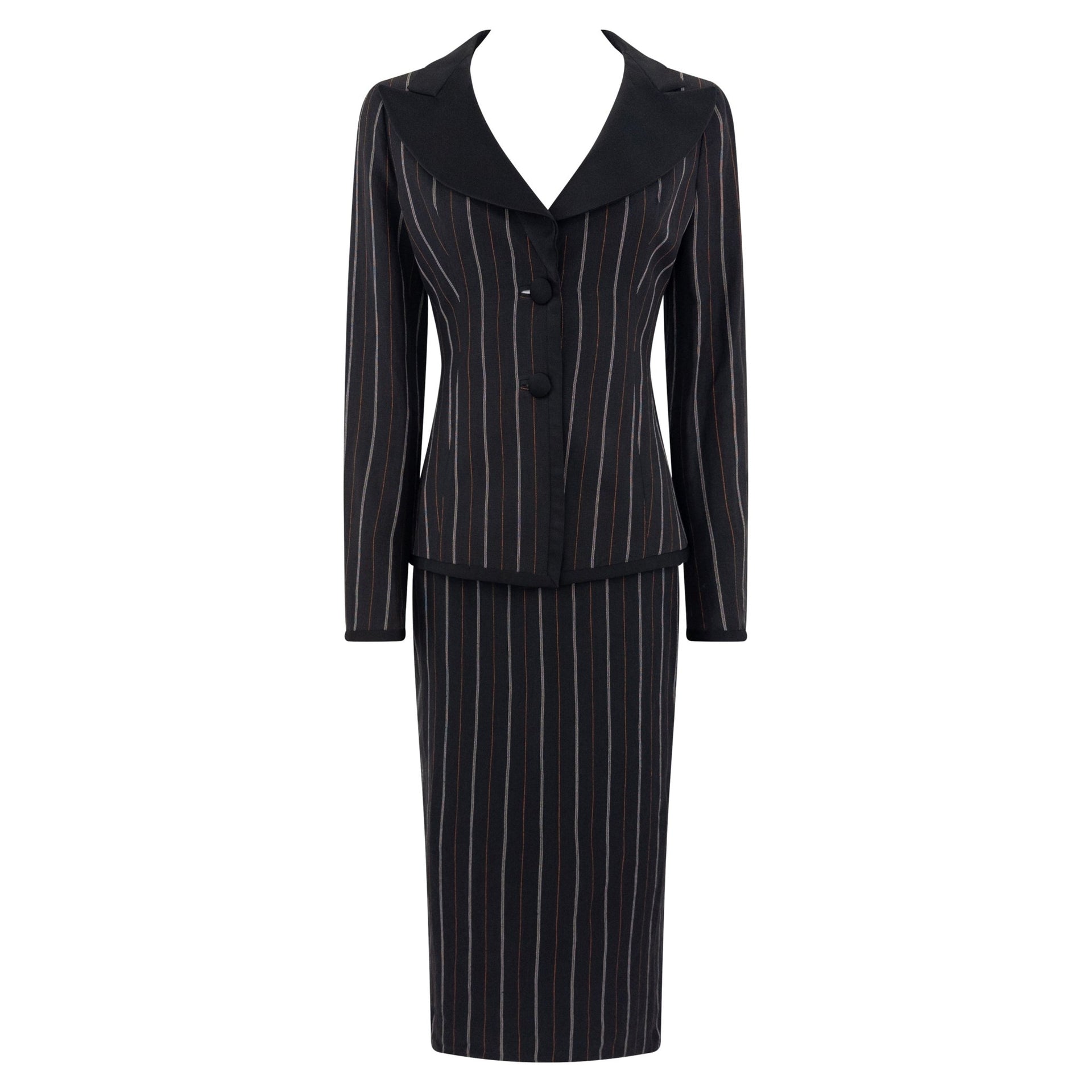 S/S 1995 Dolce & Gabbana Orange Yellow Pinstripe Black Satin Trim Skirt Suit - RealList