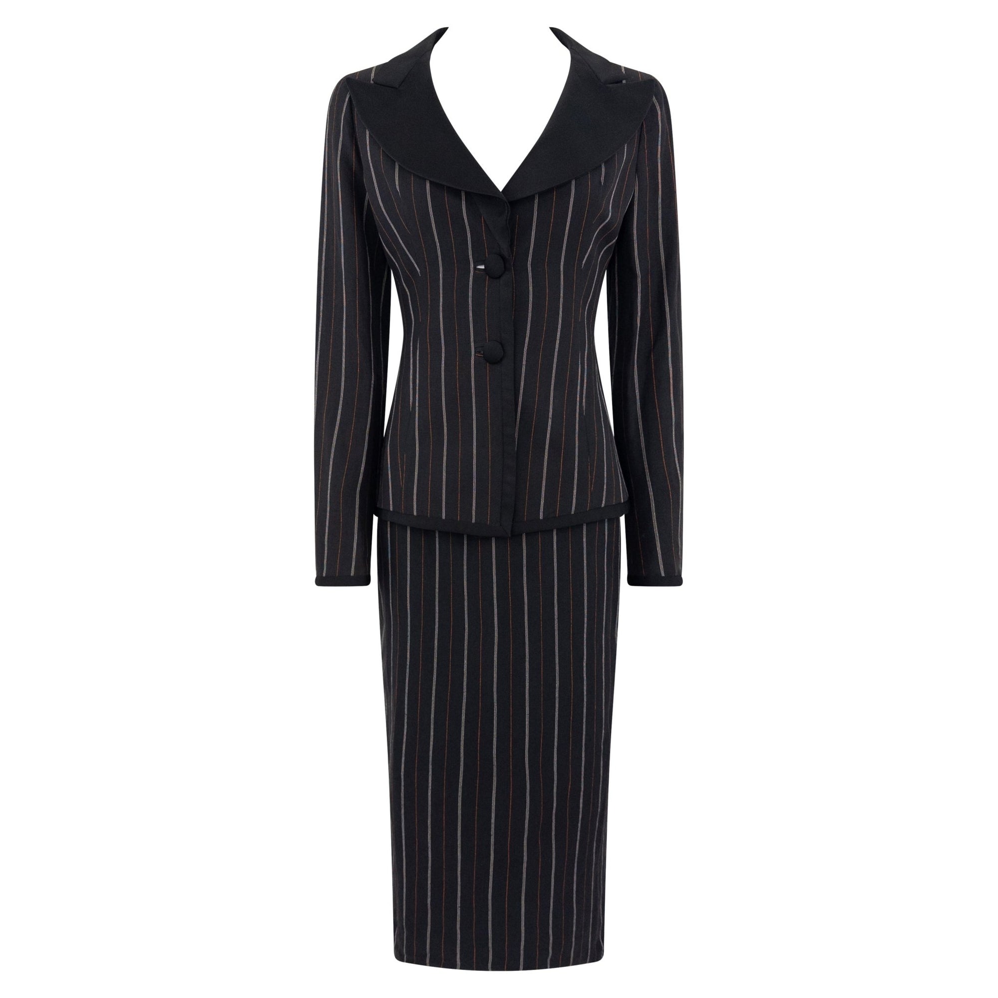 S/S 1995 Dolce & Gabbana Orange Yellow Pinstripe Black Satin Trim Skirt Suit - RealList