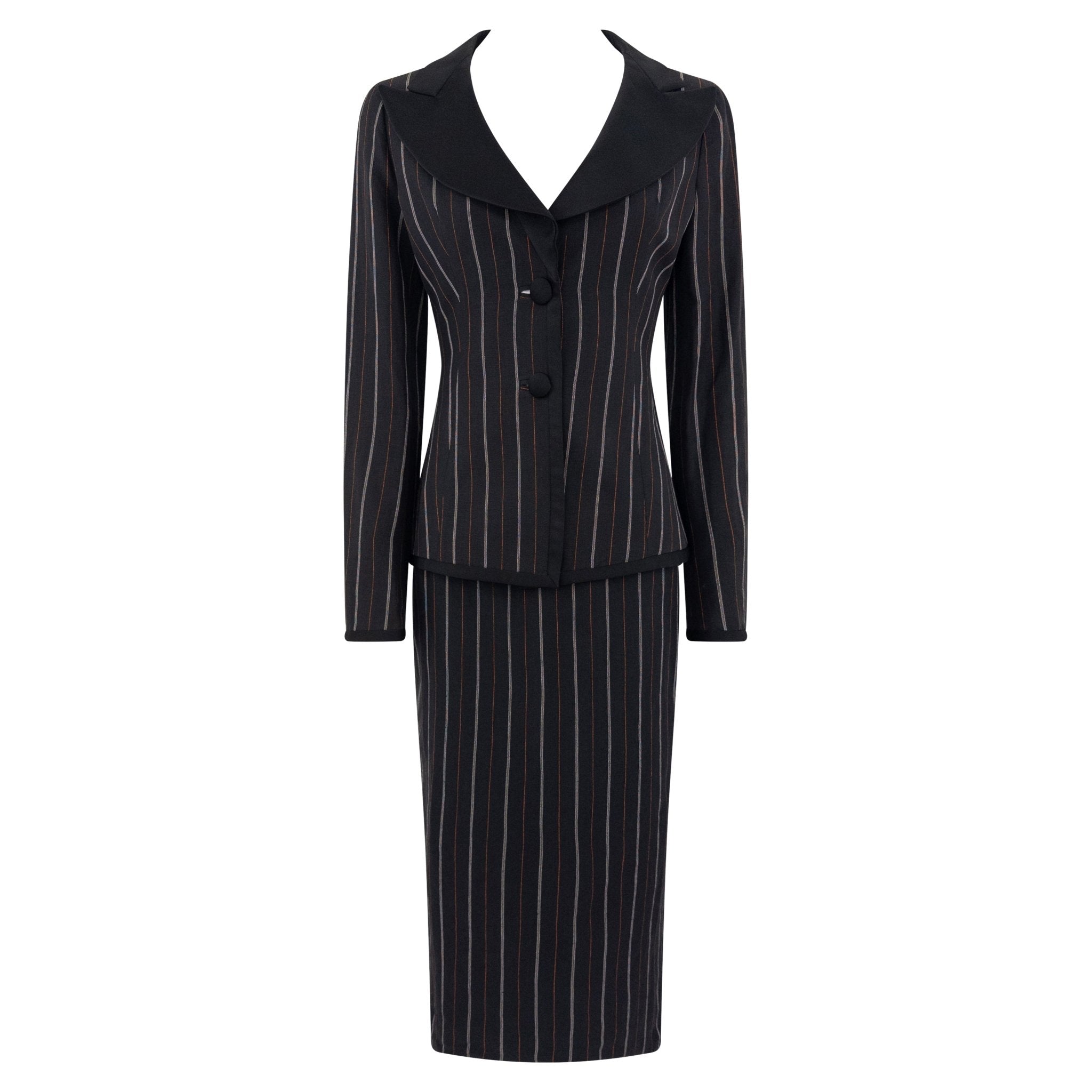 S/S 1995 Dolce & Gabbana Orange Yellow Pinstripe Black Satin Trim Skirt Suit - RealList