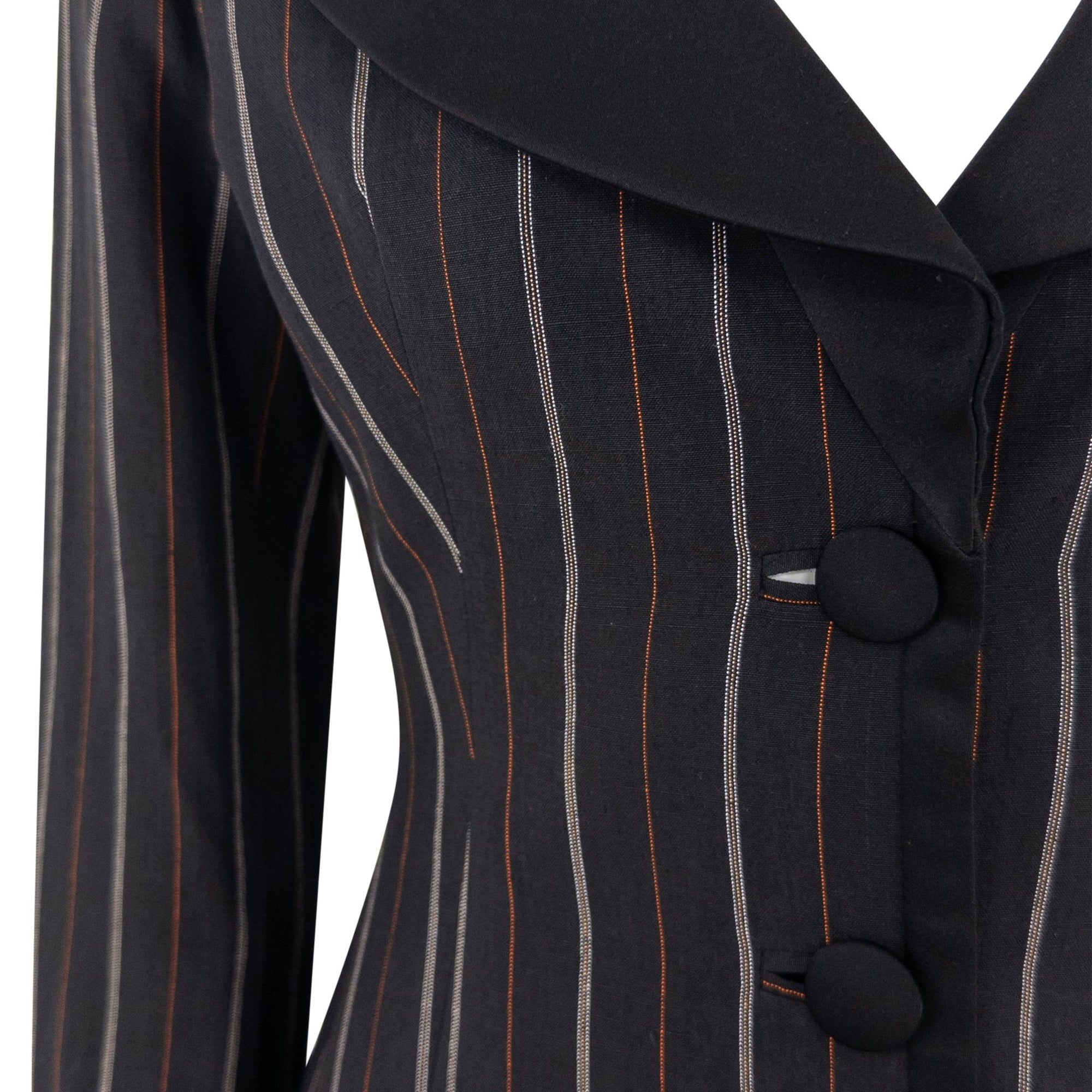 S/S 1995 Dolce & Gabbana Orange Yellow Pinstripe Black Satin Trim Skirt Suit - RealList