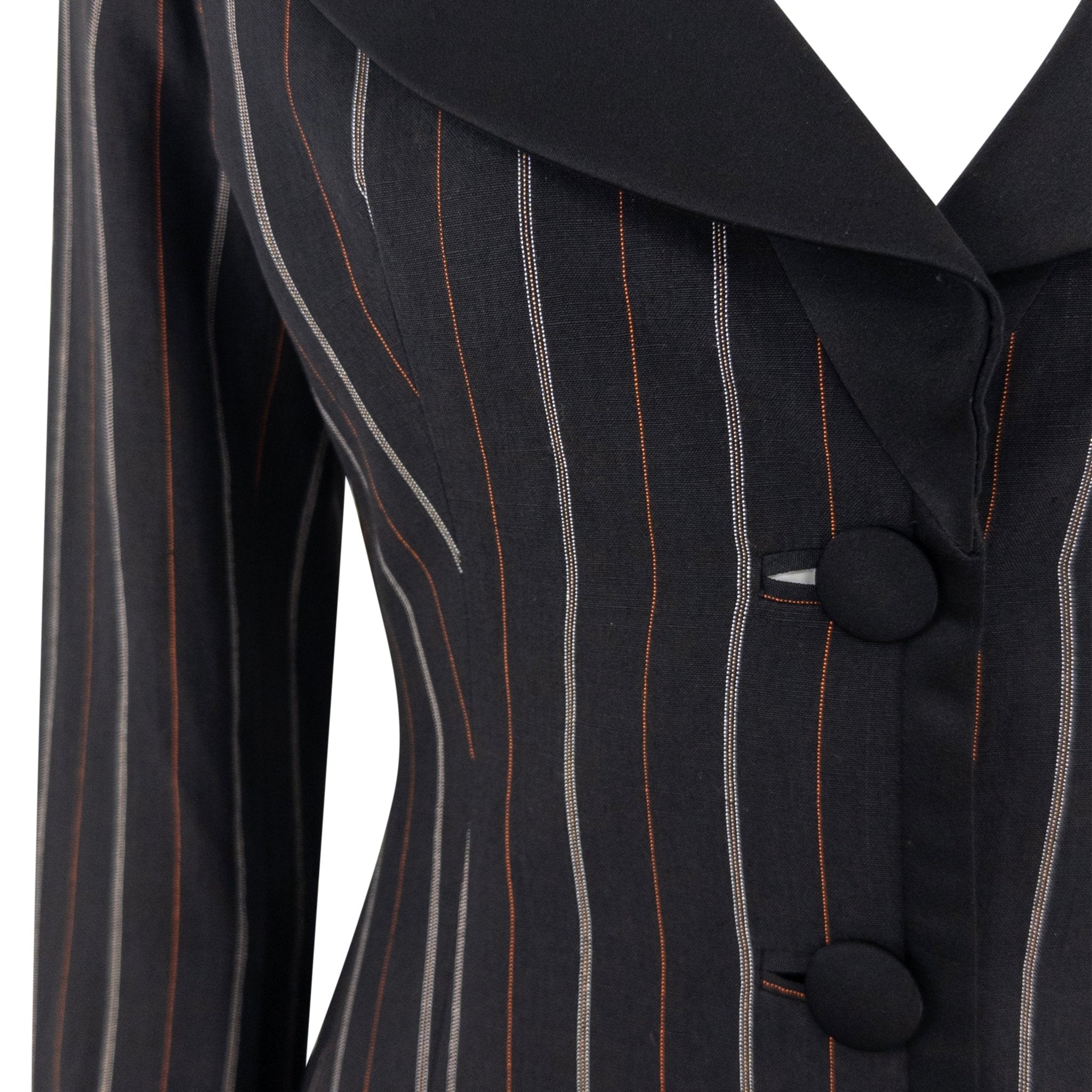 S/S 1995 Dolce & Gabbana Orange Yellow Pinstripe Black Satin Trim Skirt Suit - RealList