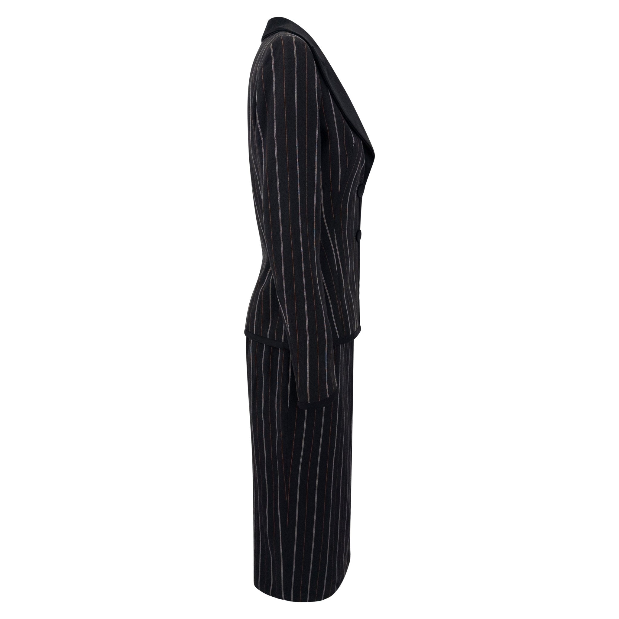 S/S 1995 Dolce & Gabbana Orange Yellow Pinstripe Black Satin Trim Skirt Suit - RealList