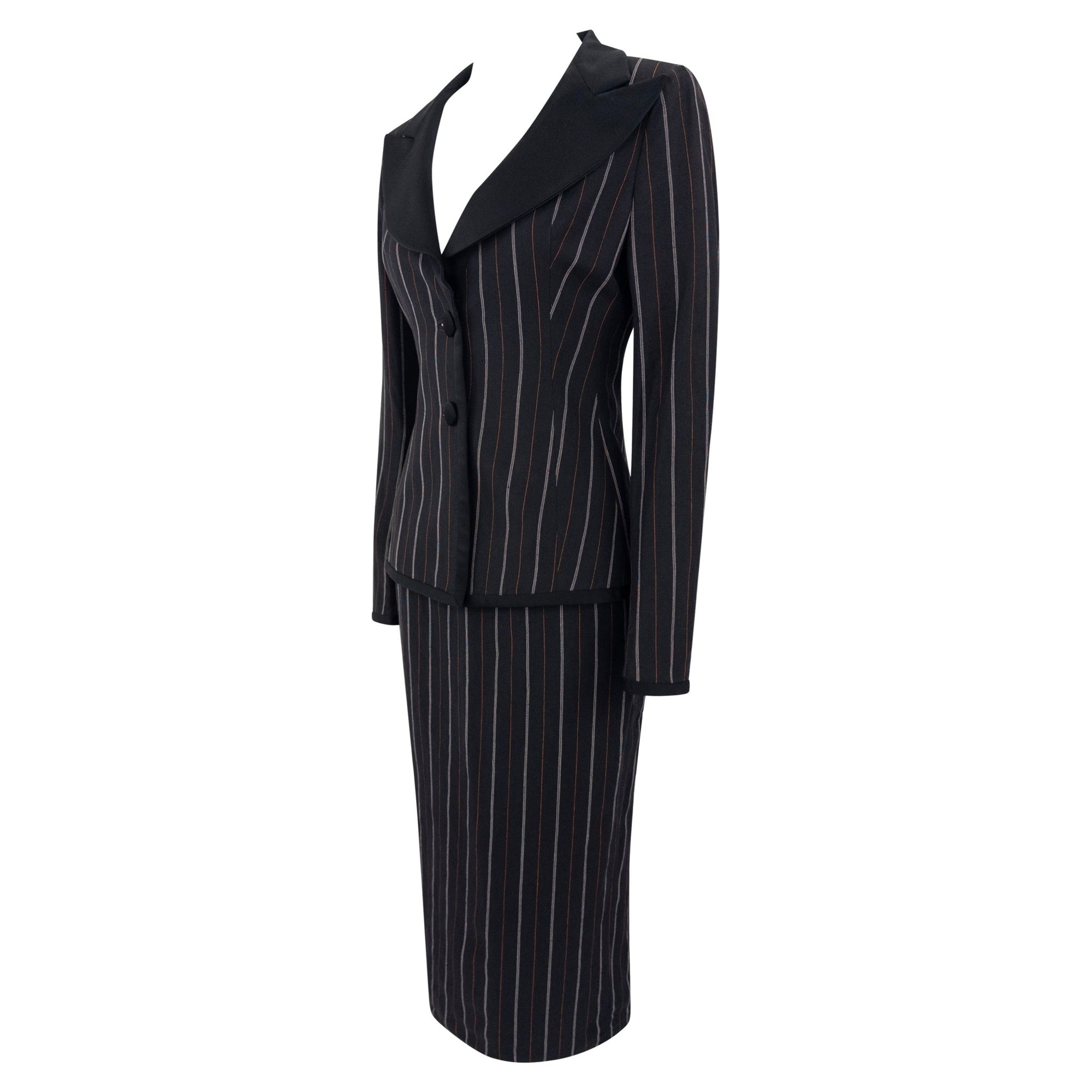 S/S 1995 Dolce & Gabbana Orange Yellow Pinstripe Black Satin Trim Skirt Suit - RealList