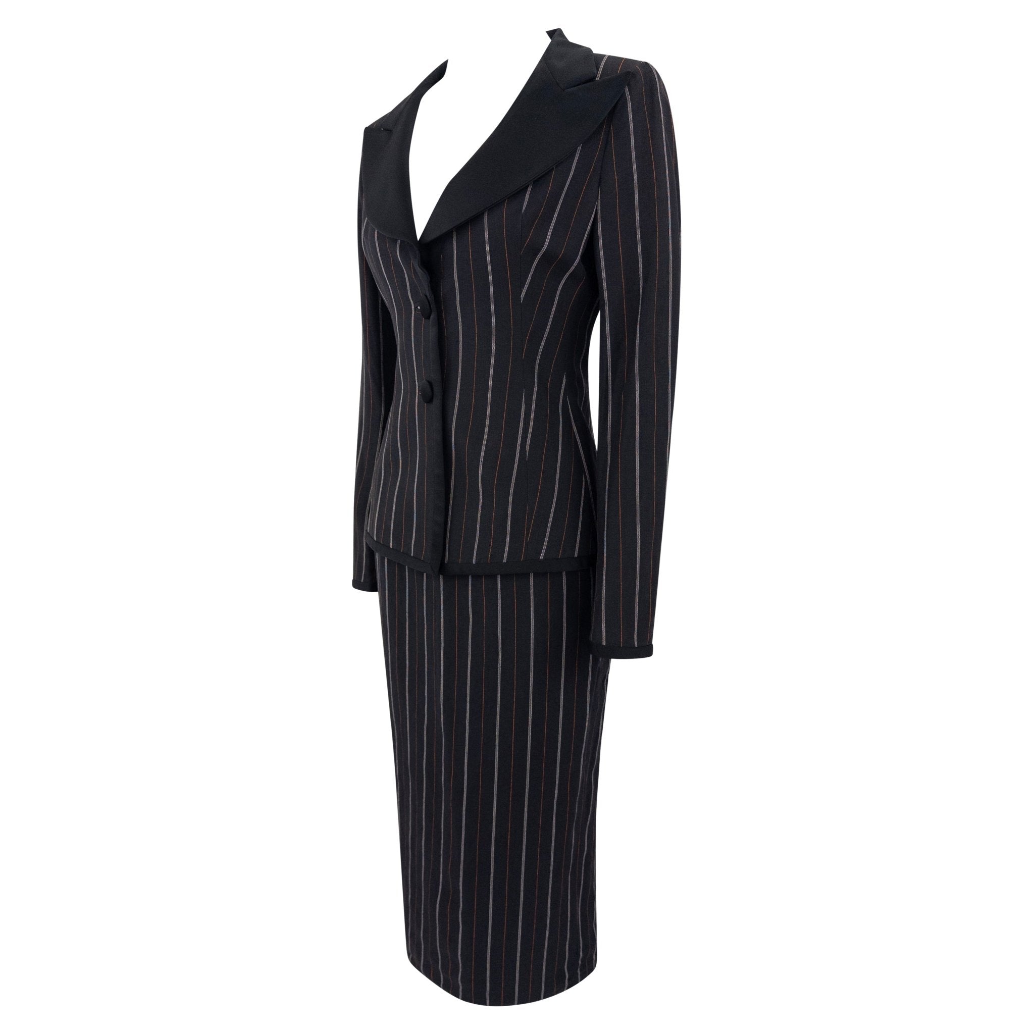 S/S 1995 Dolce & Gabbana Orange Yellow Pinstripe Black Satin Trim Skirt Suit - RealList