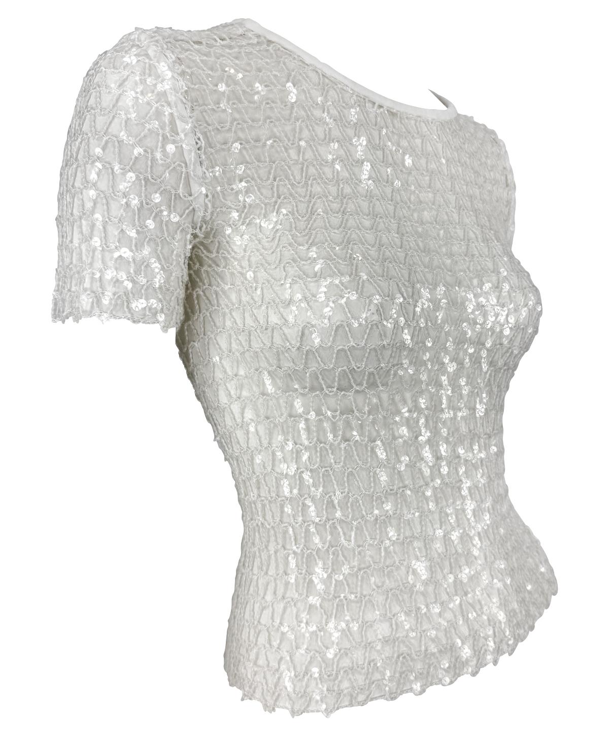 S/S 1995 Dolce & Gabbana Runway Sheer White Knit Clear Sequin T-Shirt Top - RealList